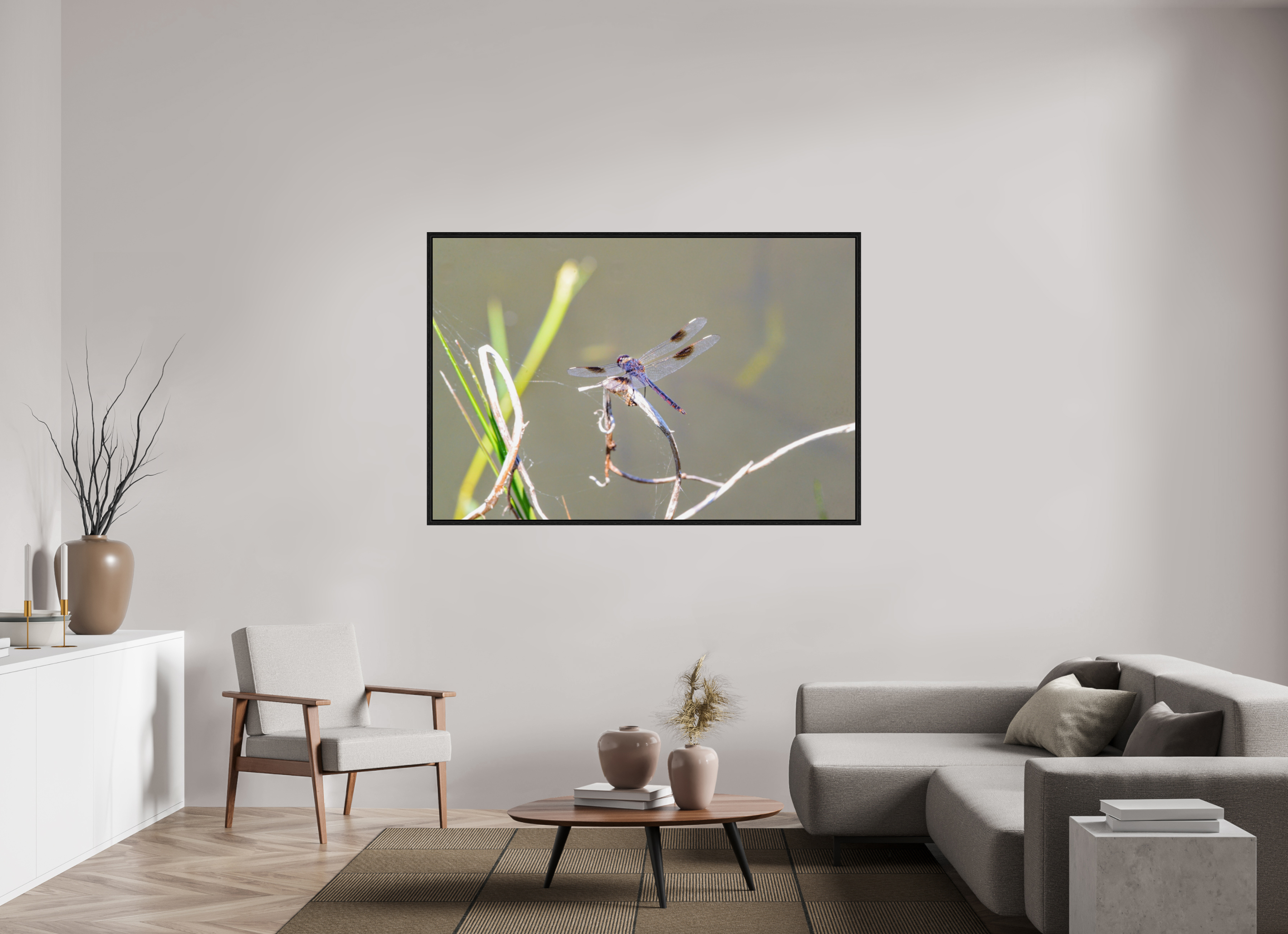66 x 44″, Floater Frame, Basel 0.6", Black Oak, Glossy Acrylic Glass Pennant Dragonfly in the Marsh