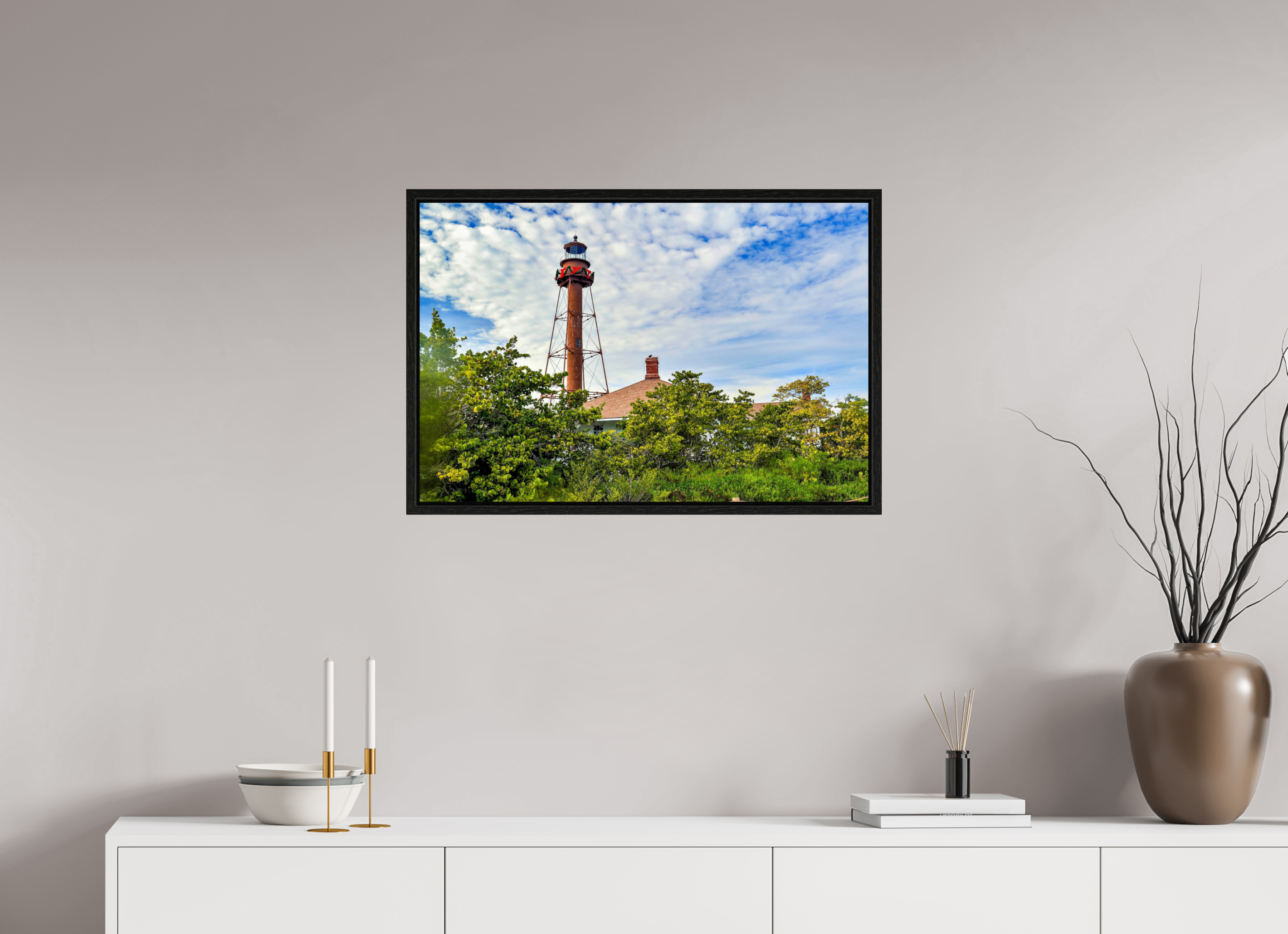 30 x 20″, Floater Frame Sanibel Island Lighthouse – Holiday Edition