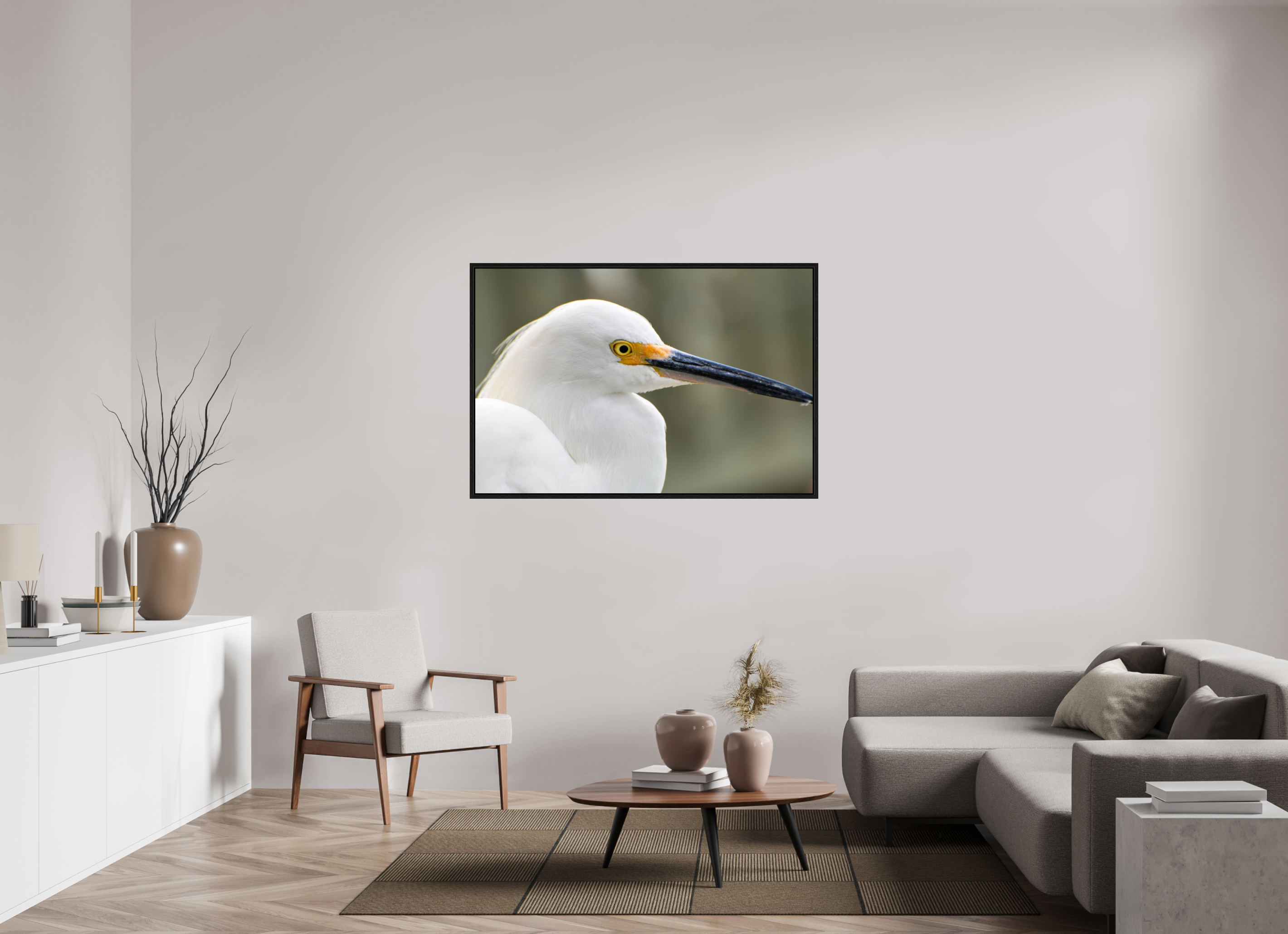 54 x 36″, Floater Frame, Basel 0.6", Black Oak, Glossy Acrylic Glass The White Plume: Snowy Egret Portrait