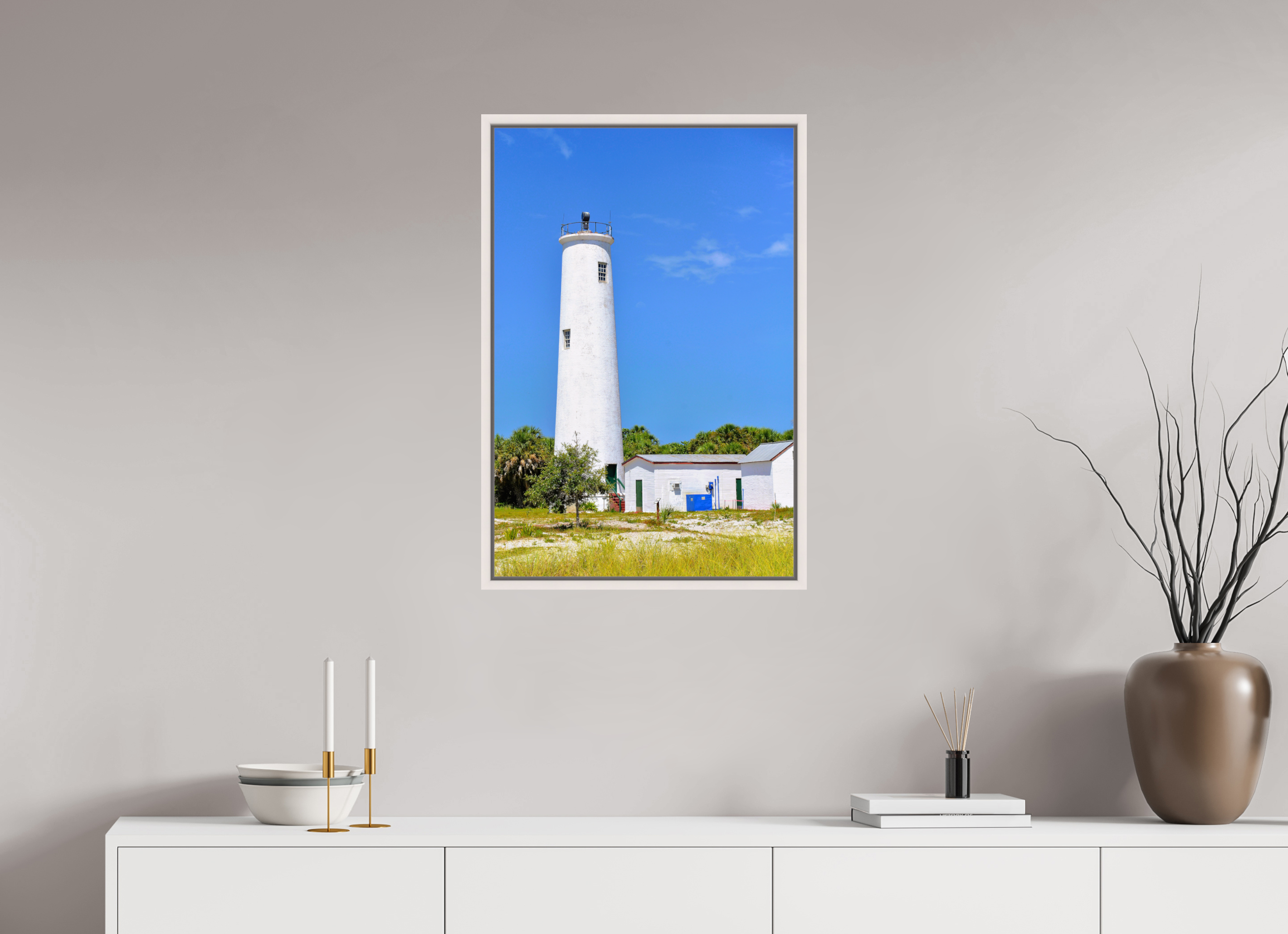 20 x 30″, Floater Frame, Basel 0.6", Maple White, Glossy Acrylic Glass Egmont Key Lighthouse