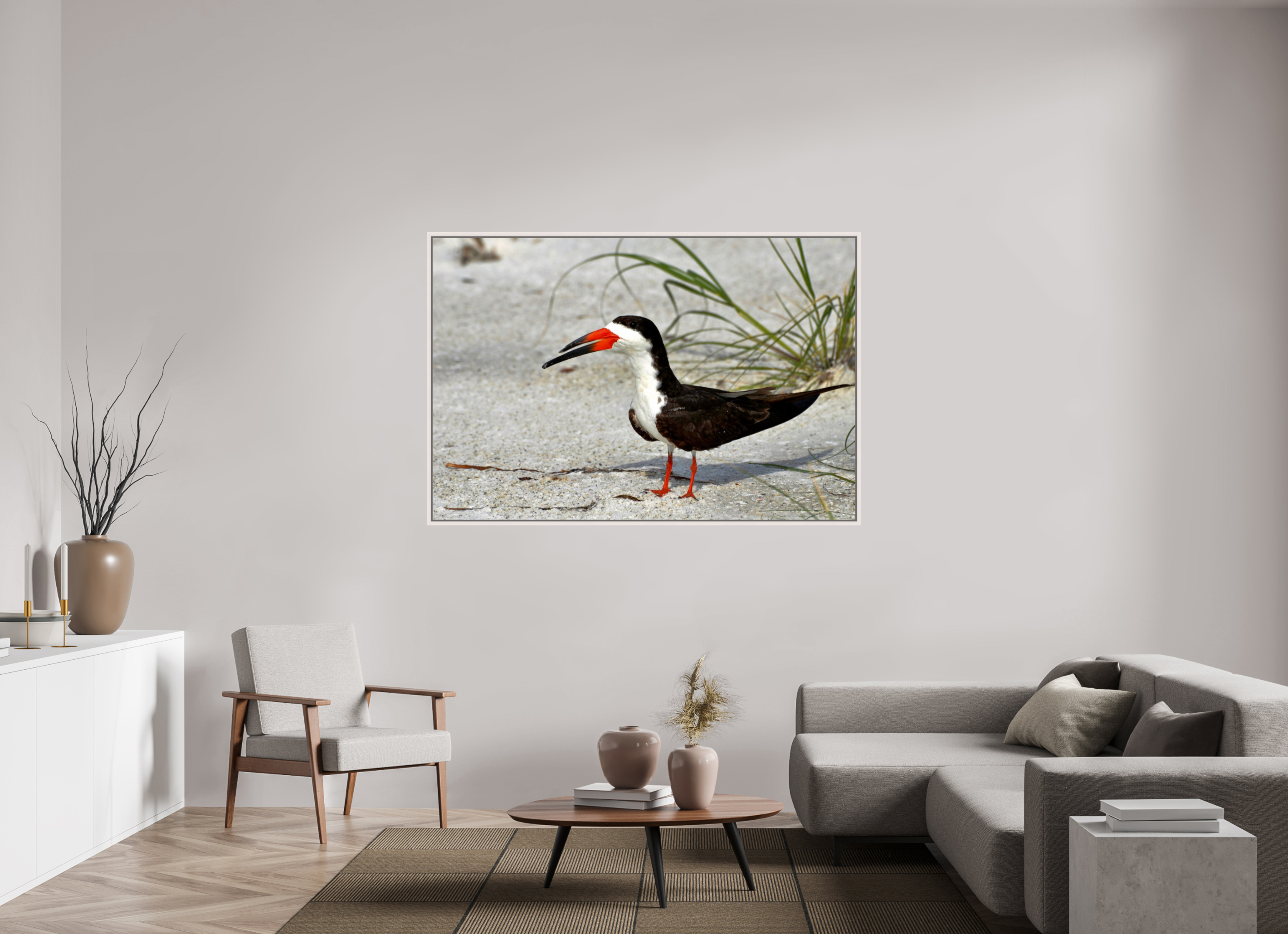 66 x 44″, Floater Frame, Basel 0.6", Maple White, Glossy Acrylic Glass Sand & Black Skimmer