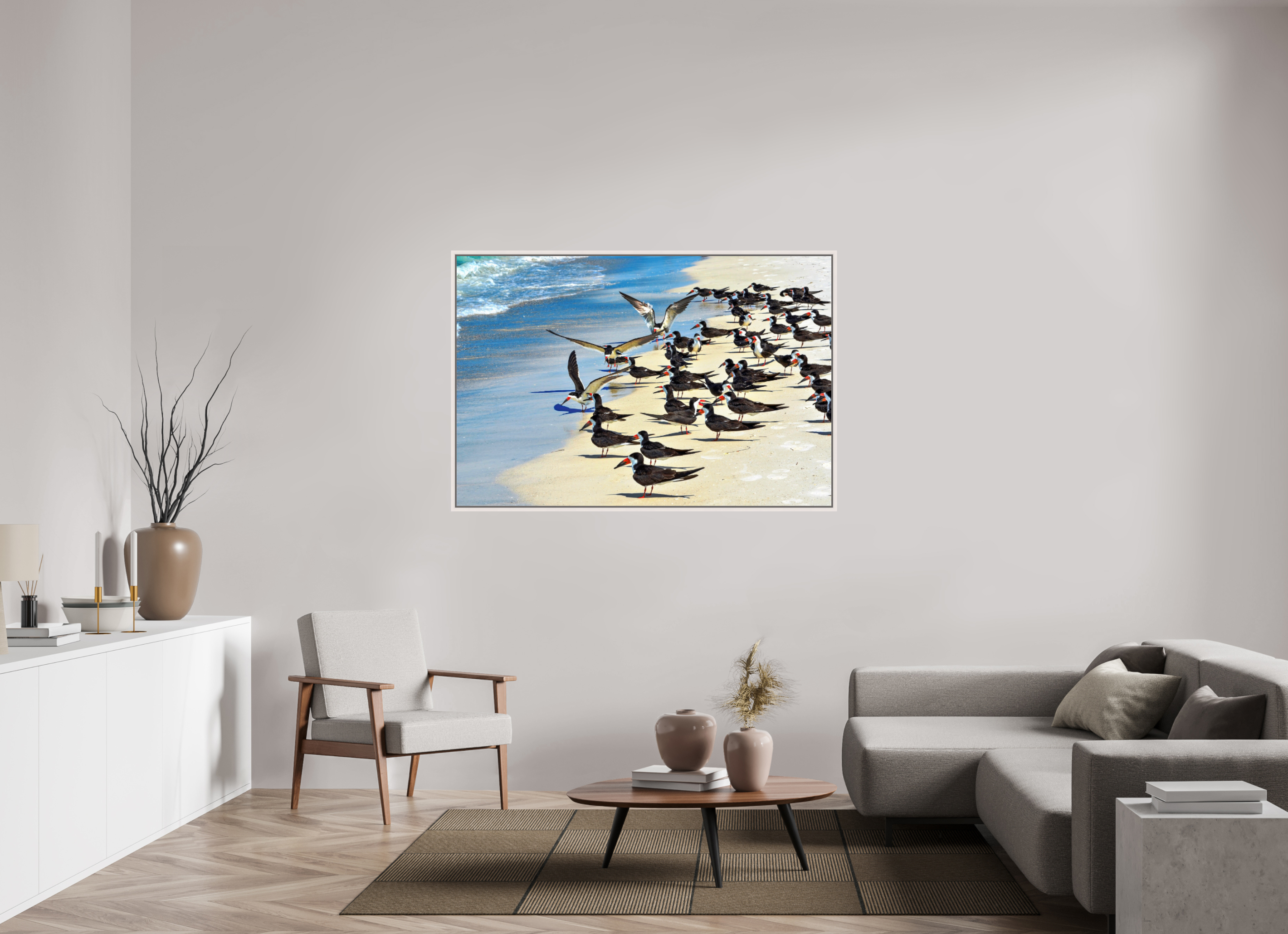 60 x 40″, Floater Frame, Basel 0.6", Maple White, Glossy Acrylic Glass Shoreline Social: Black Skimmer Colony
