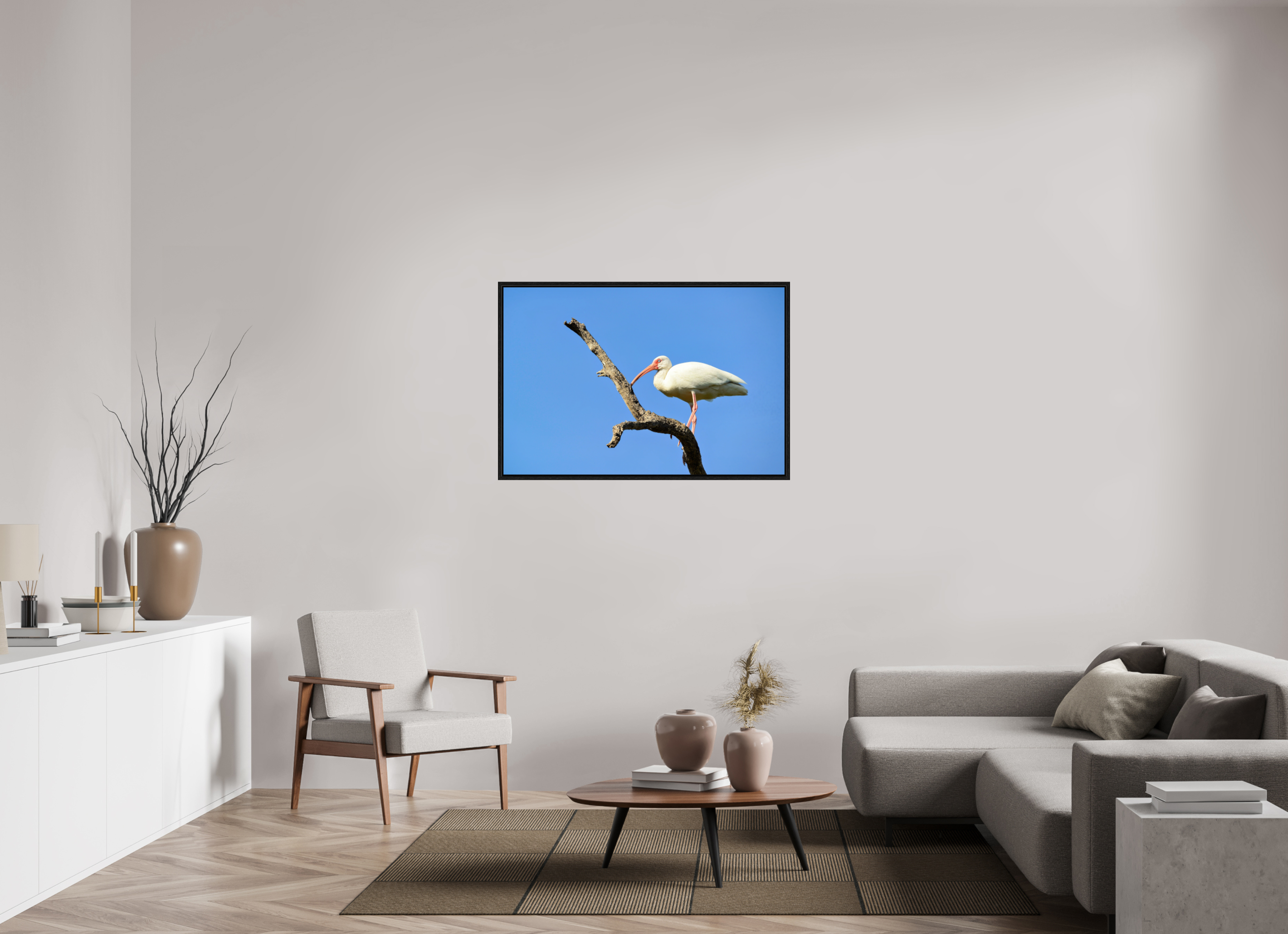 45 x 30″, Floater Frame, Basel 0.6", Black Oak, Glossy Acrylic Glass Azure Solitude: The American White Ibis