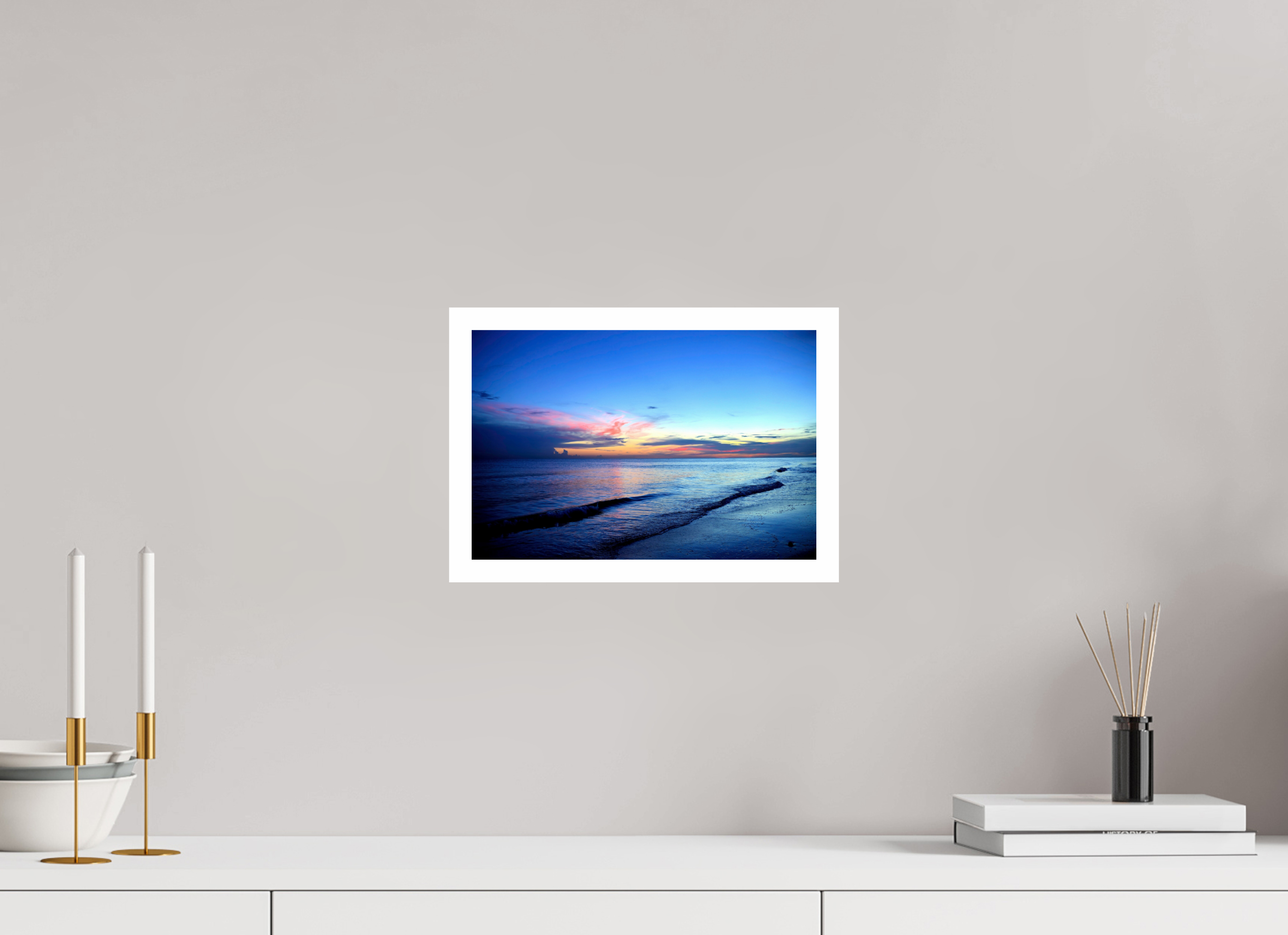 12 x 8″, Hahnemühle FineArt Pearl Print, .79" white border Indigo Horizon