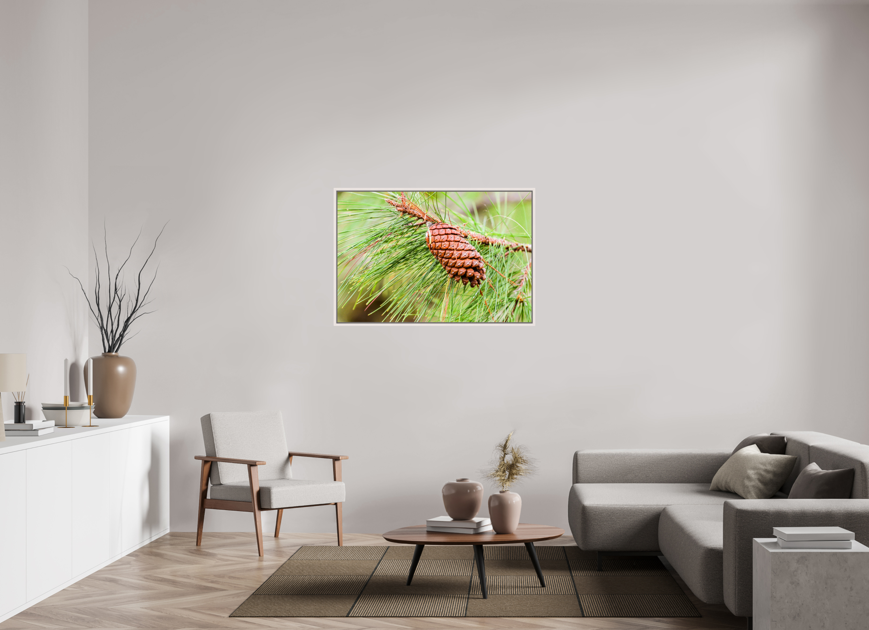 46.1 x 31″, Floater Frame, Basel 0.6", Maple White, Glossy Acrylic Glass The Longleaf Pine Cone