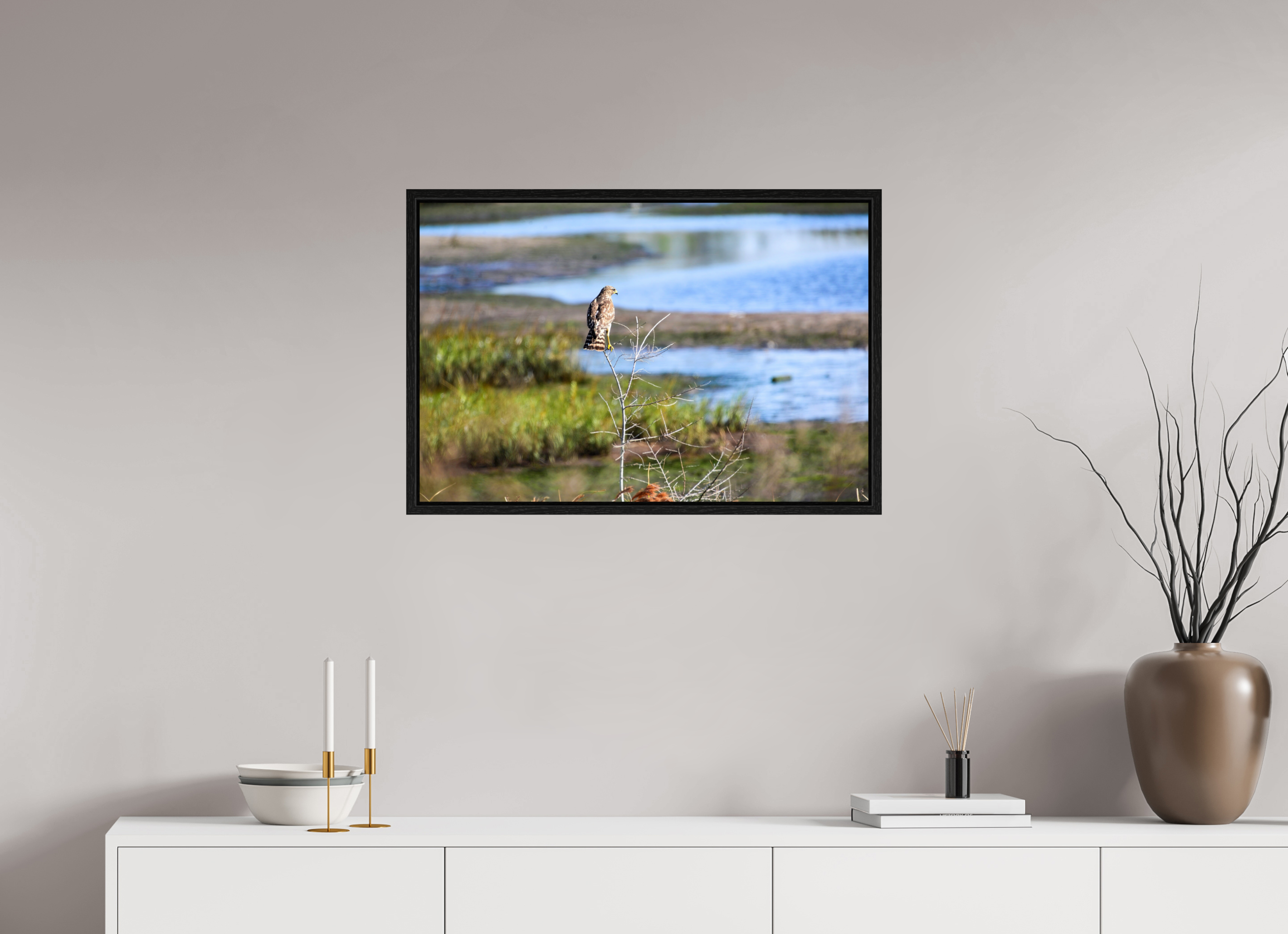 30 x 20″, Floater Frame, Basel 0.6", Black Oak, Glossy Acrylic Glass Guardian of the Marsh