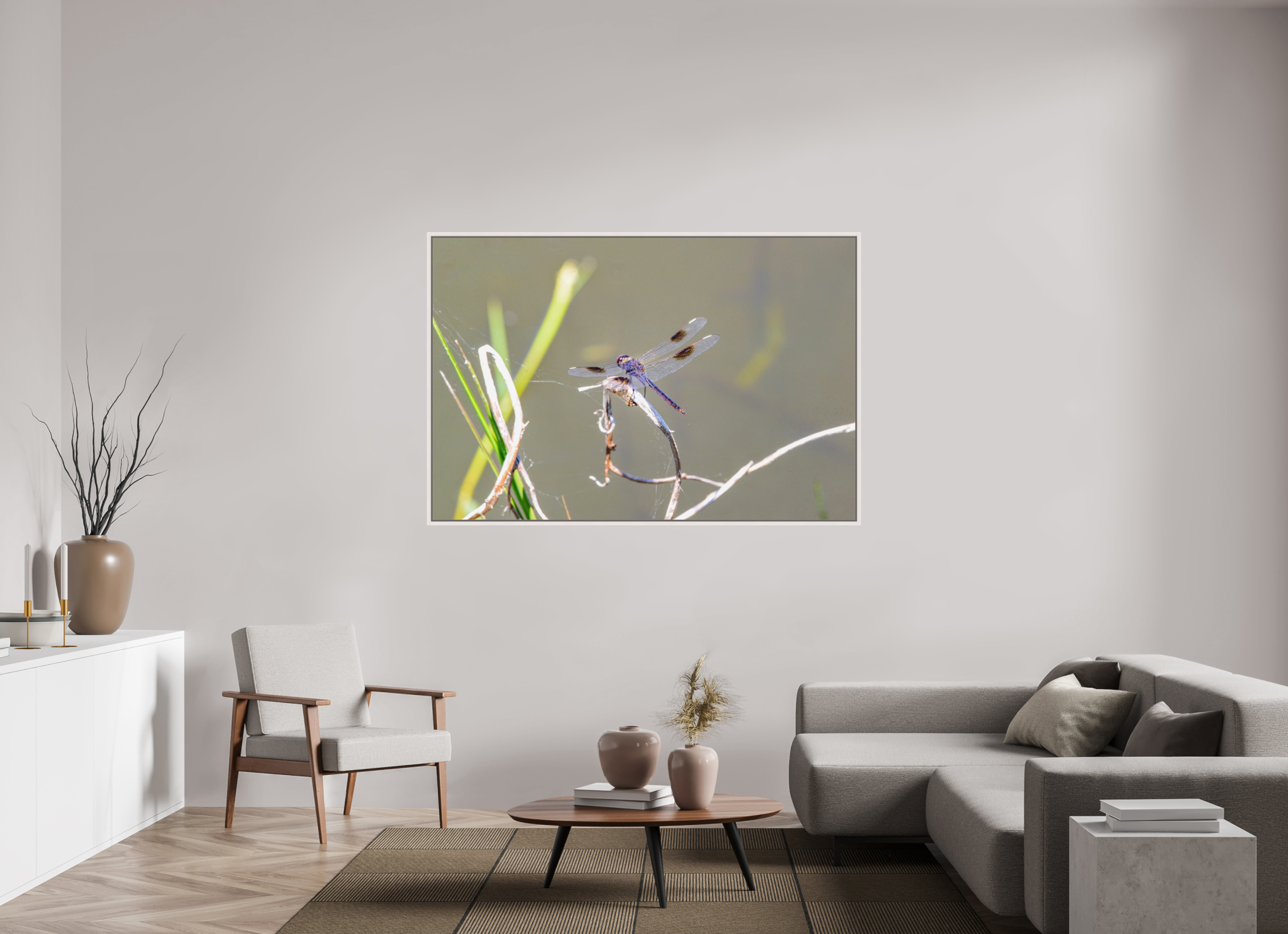 66 x 44″, Floater Frame, Basel 0.6", Maple White, Glossy Acrylic Glass Pennant Dragonfly in the Marsh