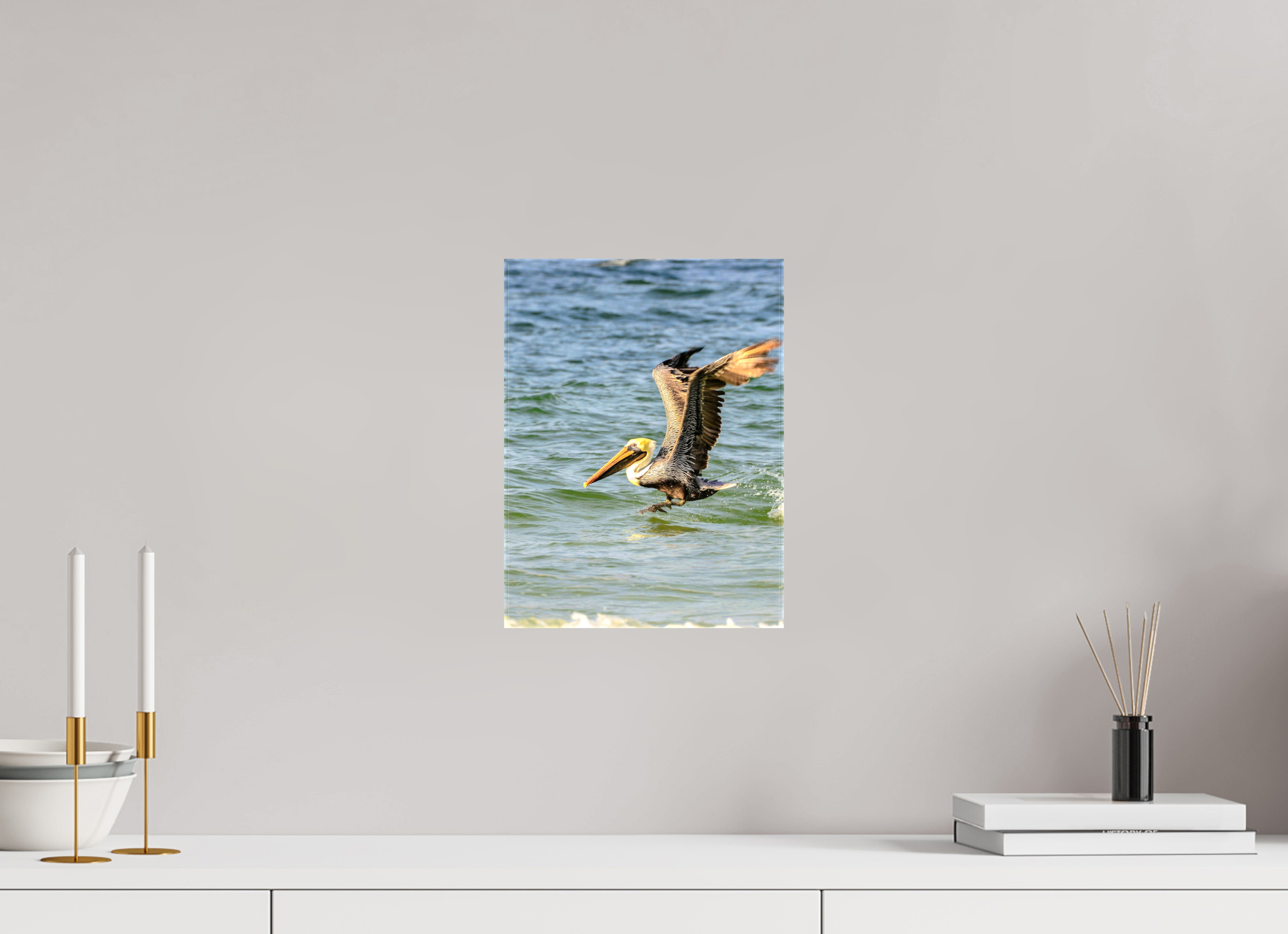 9 x 12″, Glossy Canvas on Stretcher Frame, 1,57" Wrapped Pelican in Flight