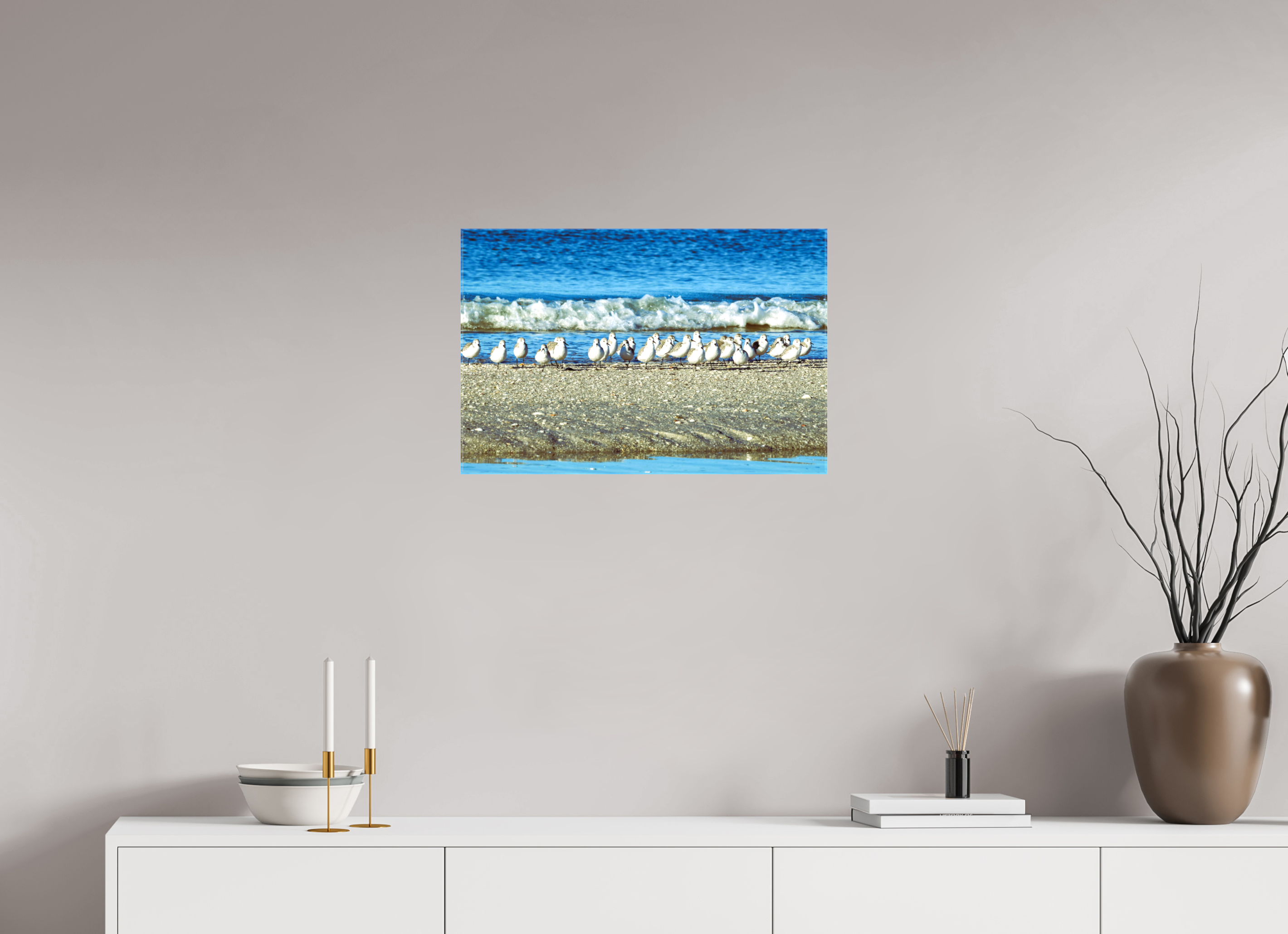 24 x 16″, Glossy Canvas on Stretcher Frame, 1,57" Wrapped Sanderlings on Standby