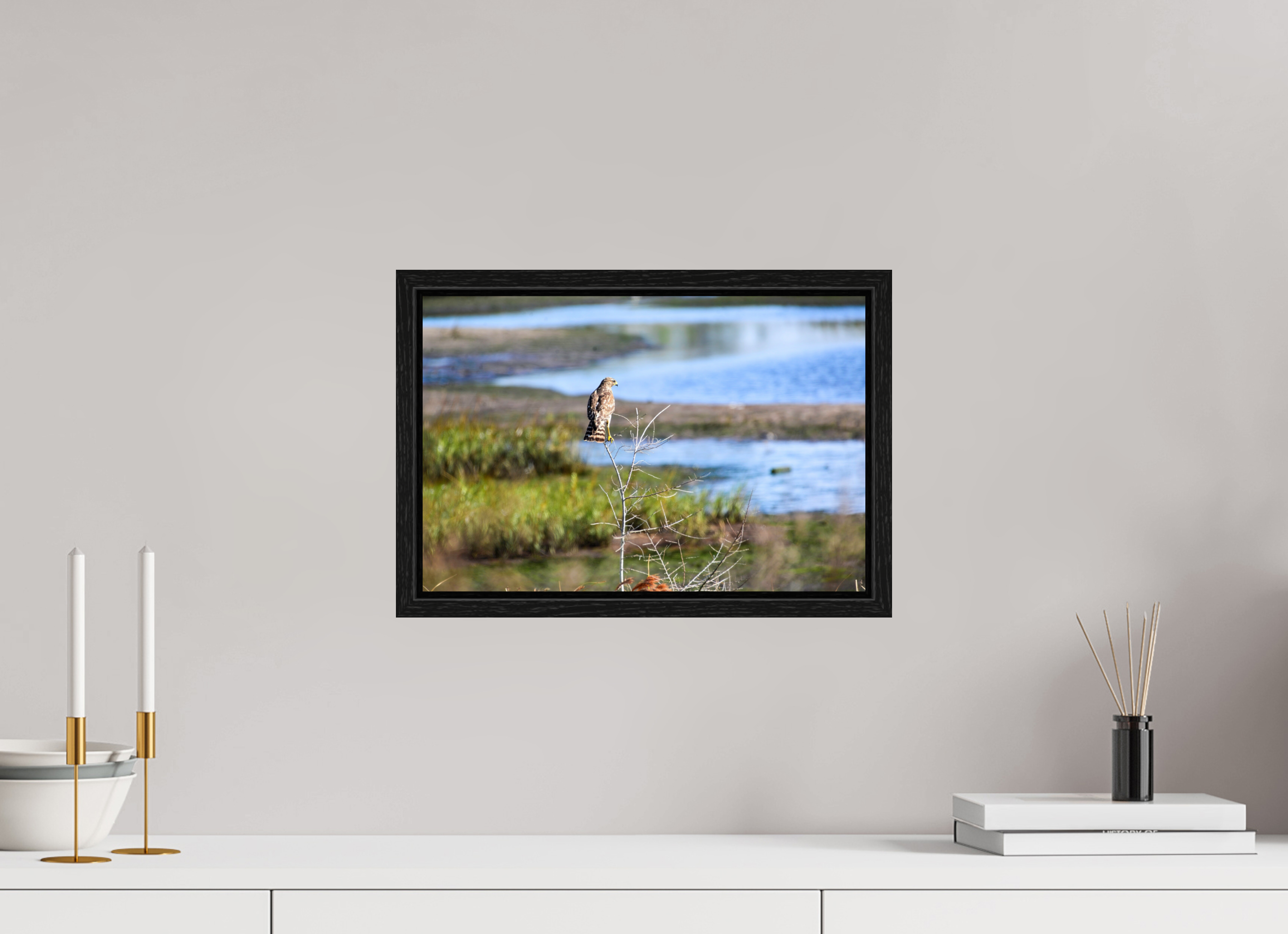 15 x 10″, Floater Frame, Basel 0.6", Black Oak, Glossy Acrylic Glass Guardian of the Marsh