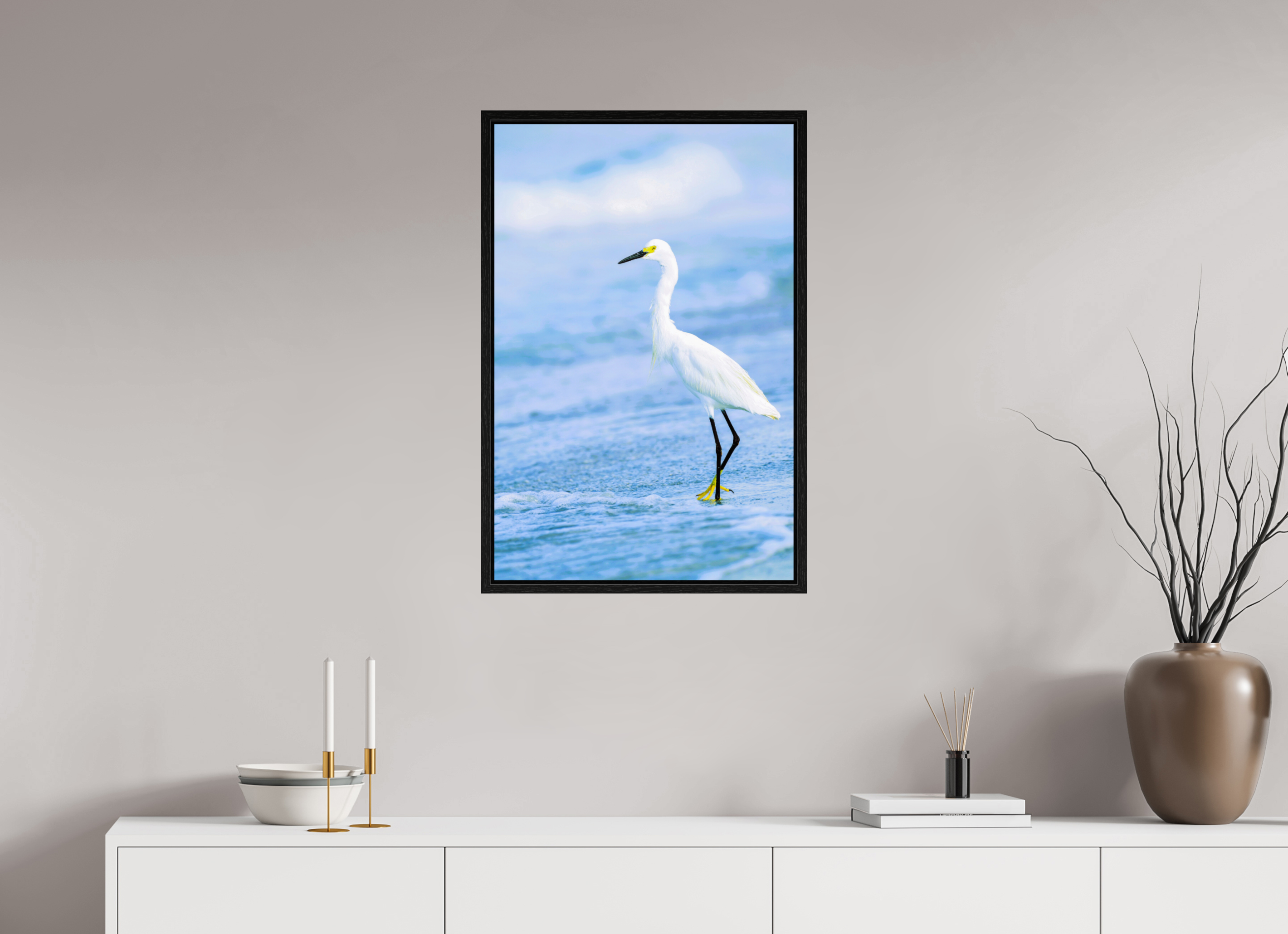 20 x 30.5″, Floater Frame, Basel 0.6", Black Oak, Glossy Acrylic Glass Snowy Egret in Azure