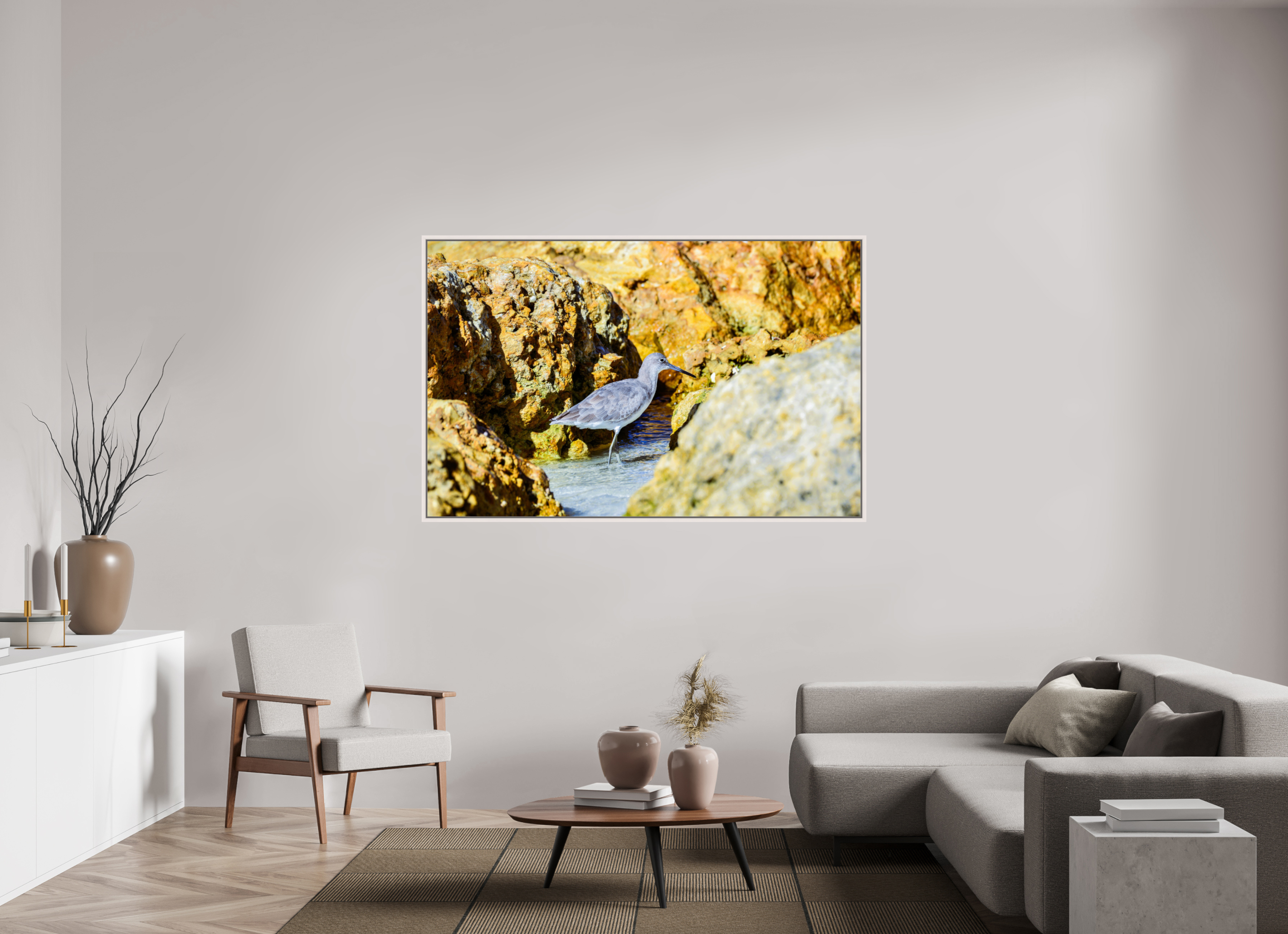 67.6 x 43″, Floater Frame, Basel 0.6", Maple White, Glossy Acrylic Glass The Hiding Willet