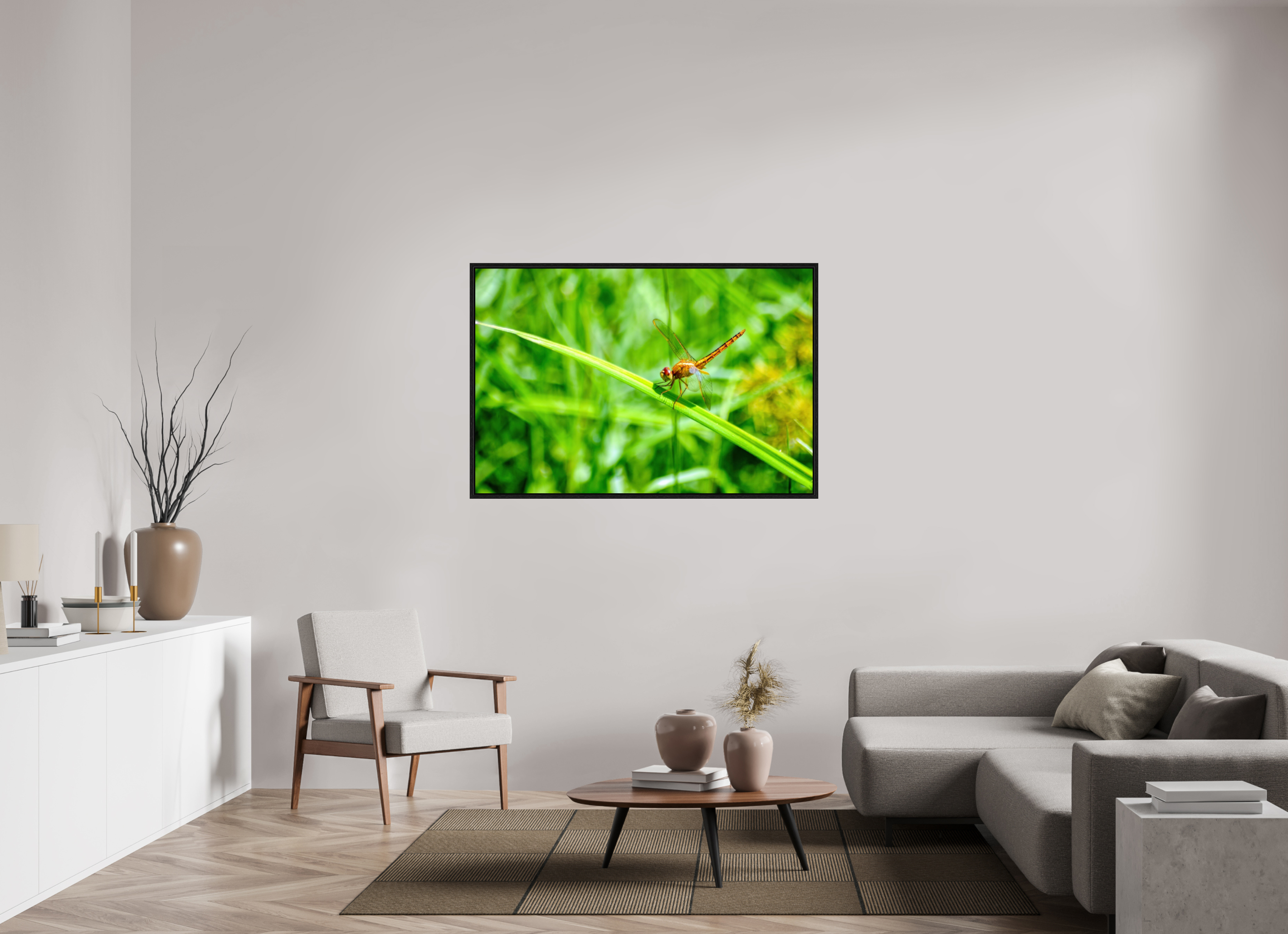 54 x 36″, Floater Frame, Basel 0.6", Black Oak, Glossy Acrylic Glass Female Scarlet Skimmer