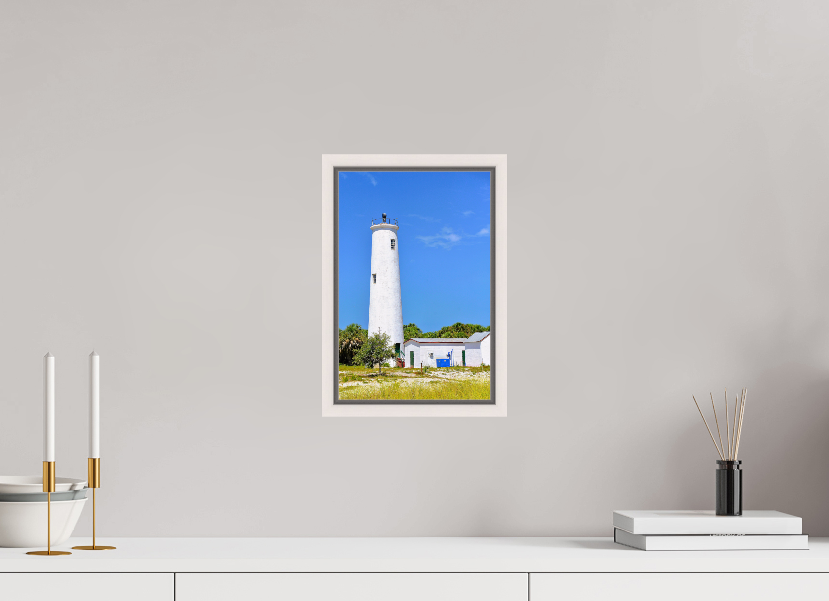 8 x 12″, Floater Frame, Basel 0.6", Maple White, Glossy Acrylic Glass Egmont Key Lighthouse