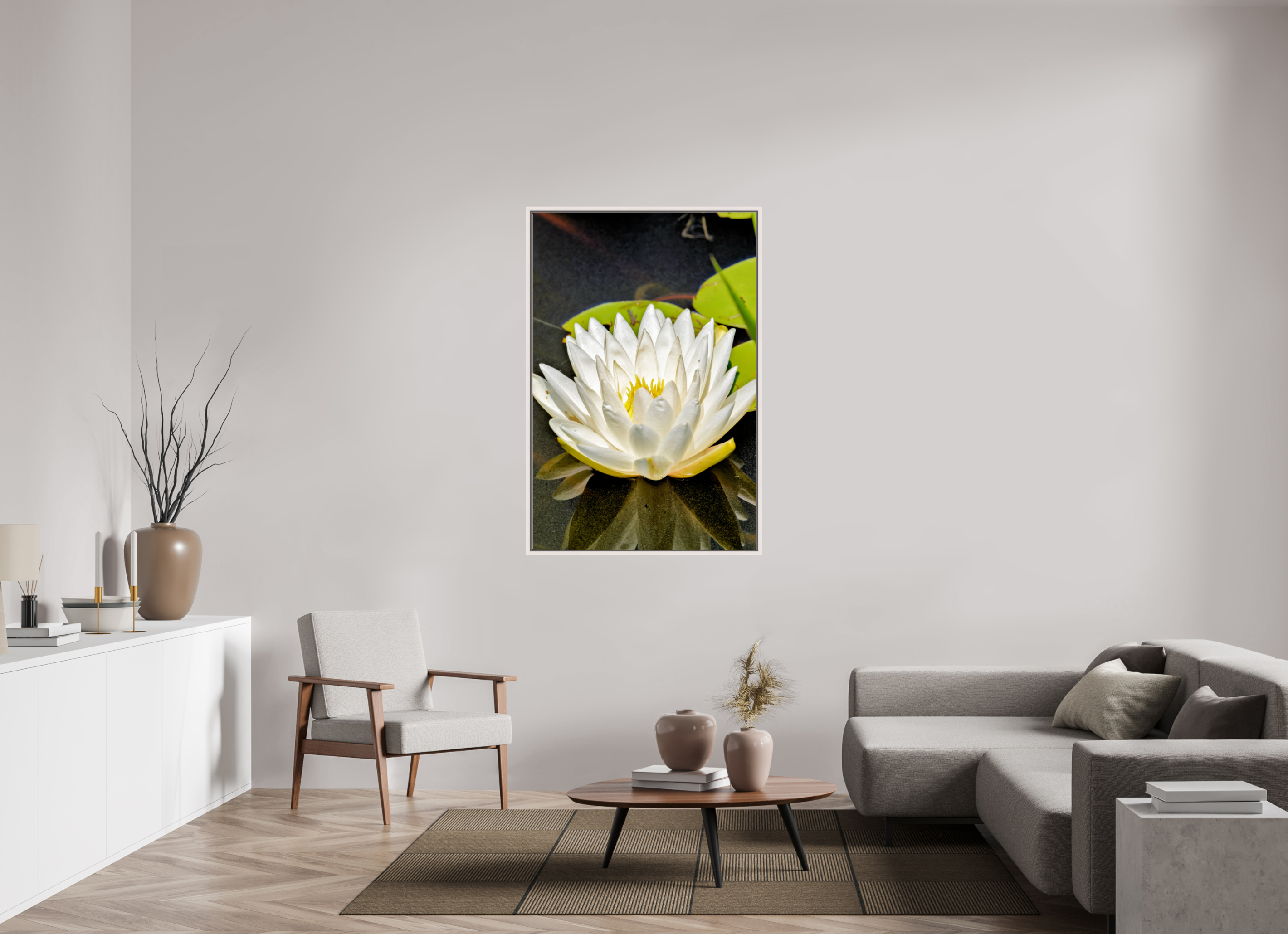 36 x 54″, Floater Frame, Basel 0.6", Maple White, Glossy Acrylic Glass The White Water Lily