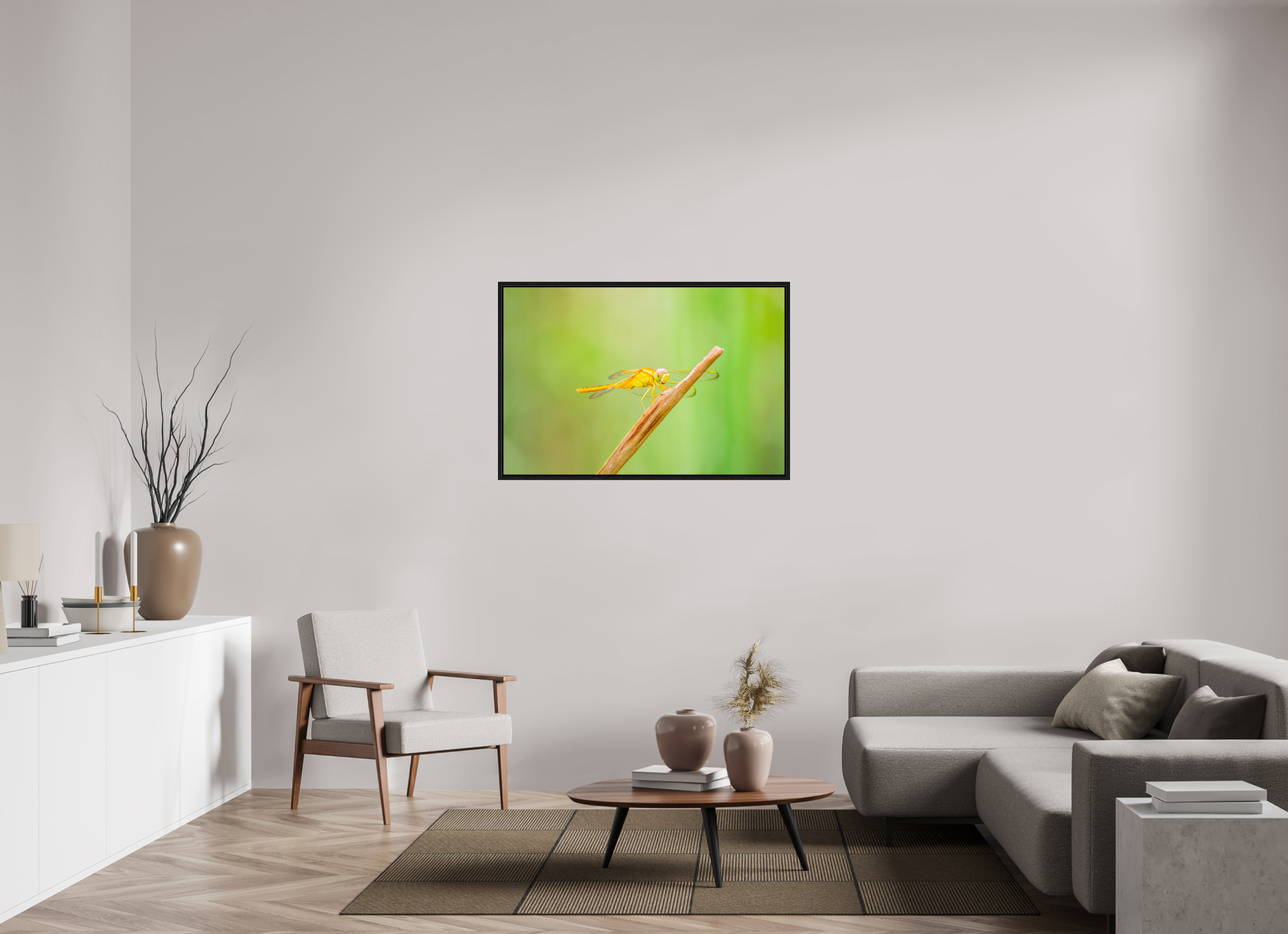 45 x 30″, Floater Frame, Basel 0.6", Black Oak, Glossy Acrylic Glass Sun-Drenched Golden Scarlet Skimmer