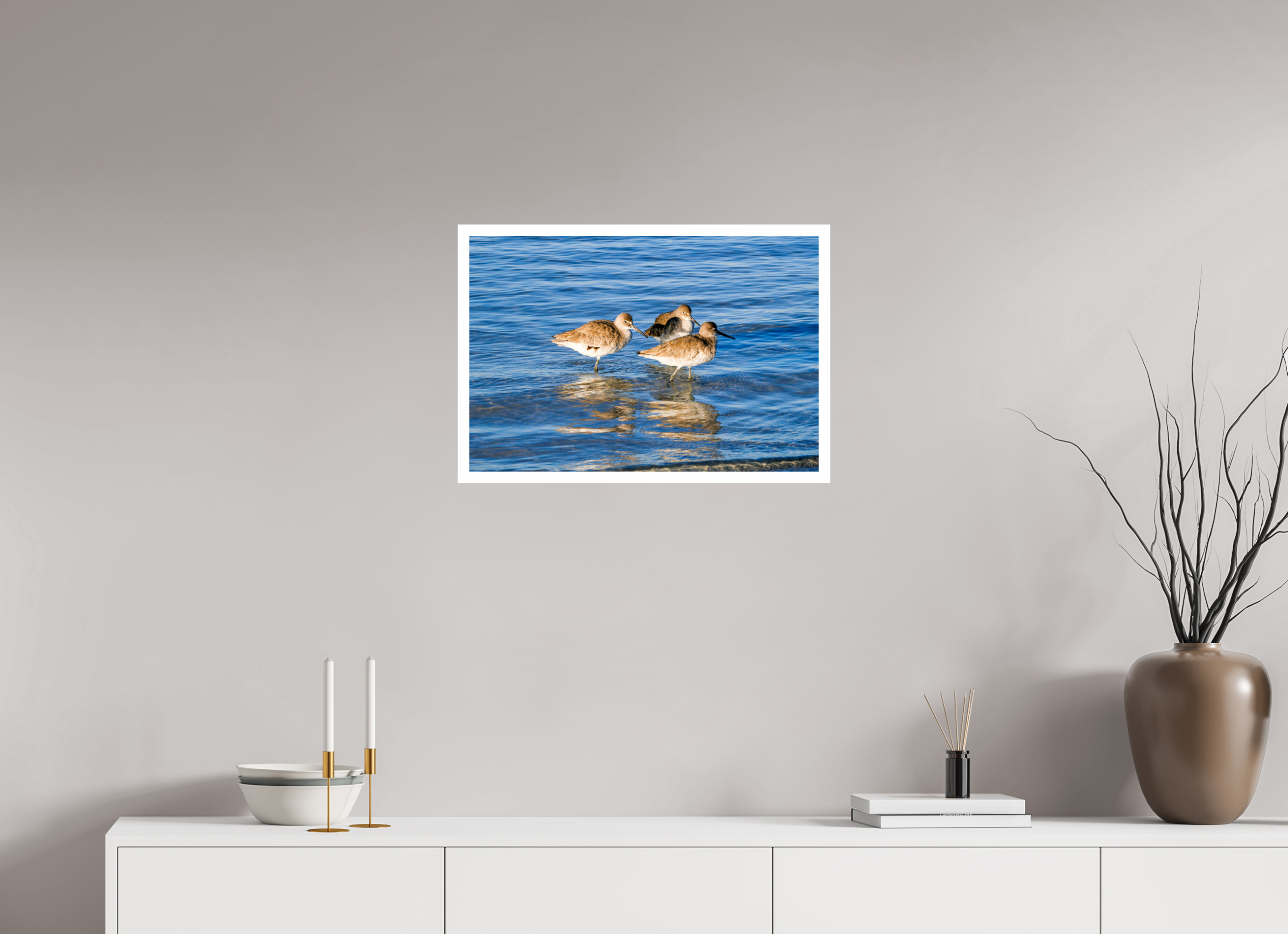 23.7 x 16″, Hahnemühle FineArt Pearl Print, .79" white border The Shoreline Trio: Willets in the Surf