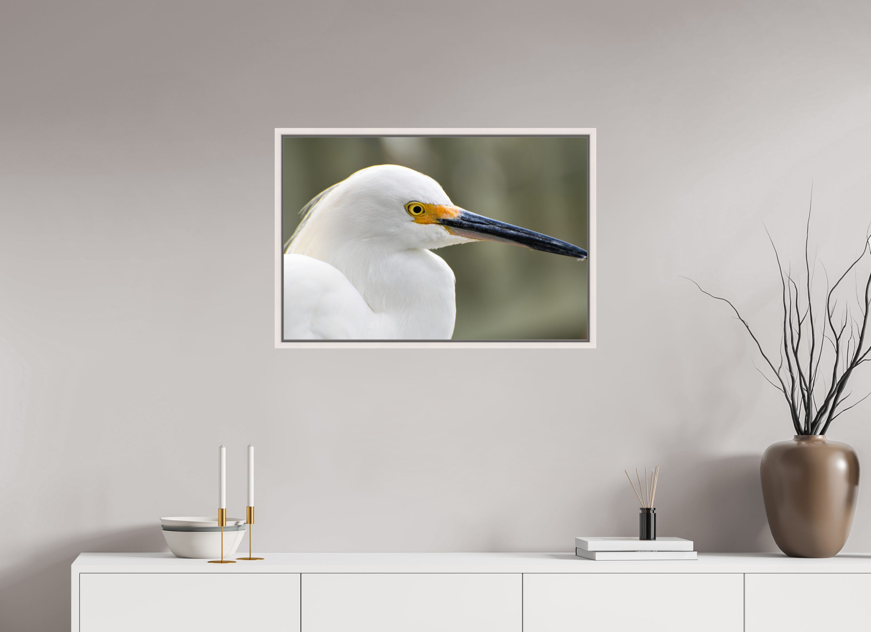 30 x 20″, Floater Frame, Basel 0.6", Maple White, Glossy Acrylic Glass The White Plume: Snowy Egret Portrait