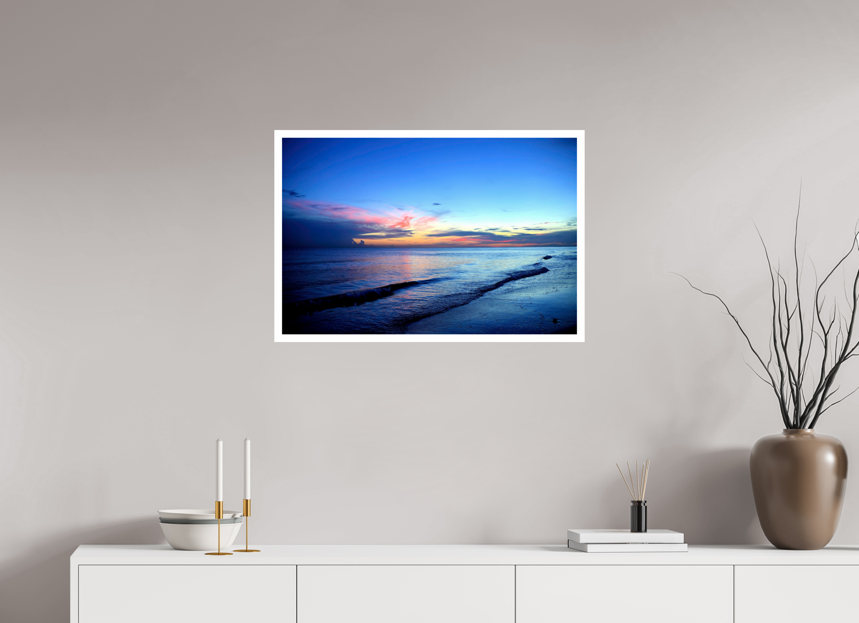 30 x 20″, Hahnemühle FineArt Pearl Print, .79" white border Indigo Horizon