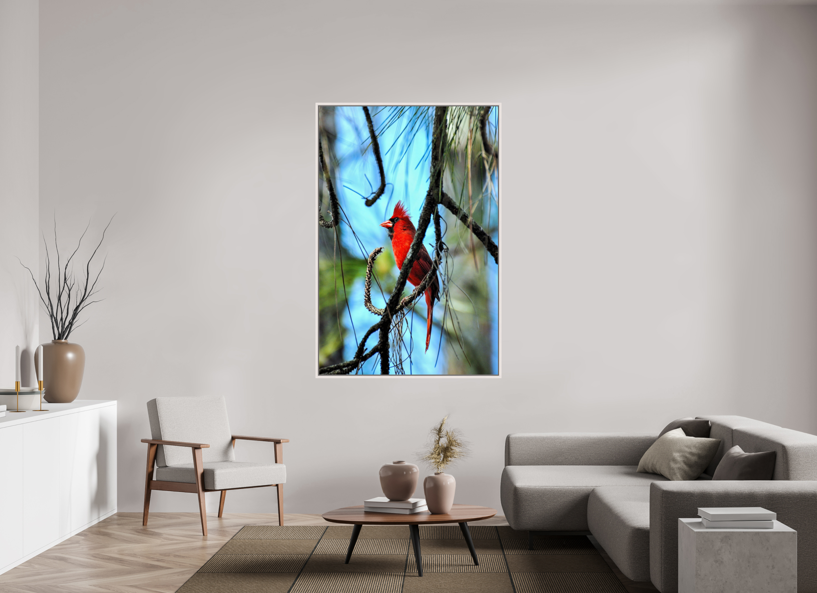 44 x 66″, Floater Frame, Basel 0.6", Maple White, Glossy Acrylic Glass The Corkscrew Cardinal