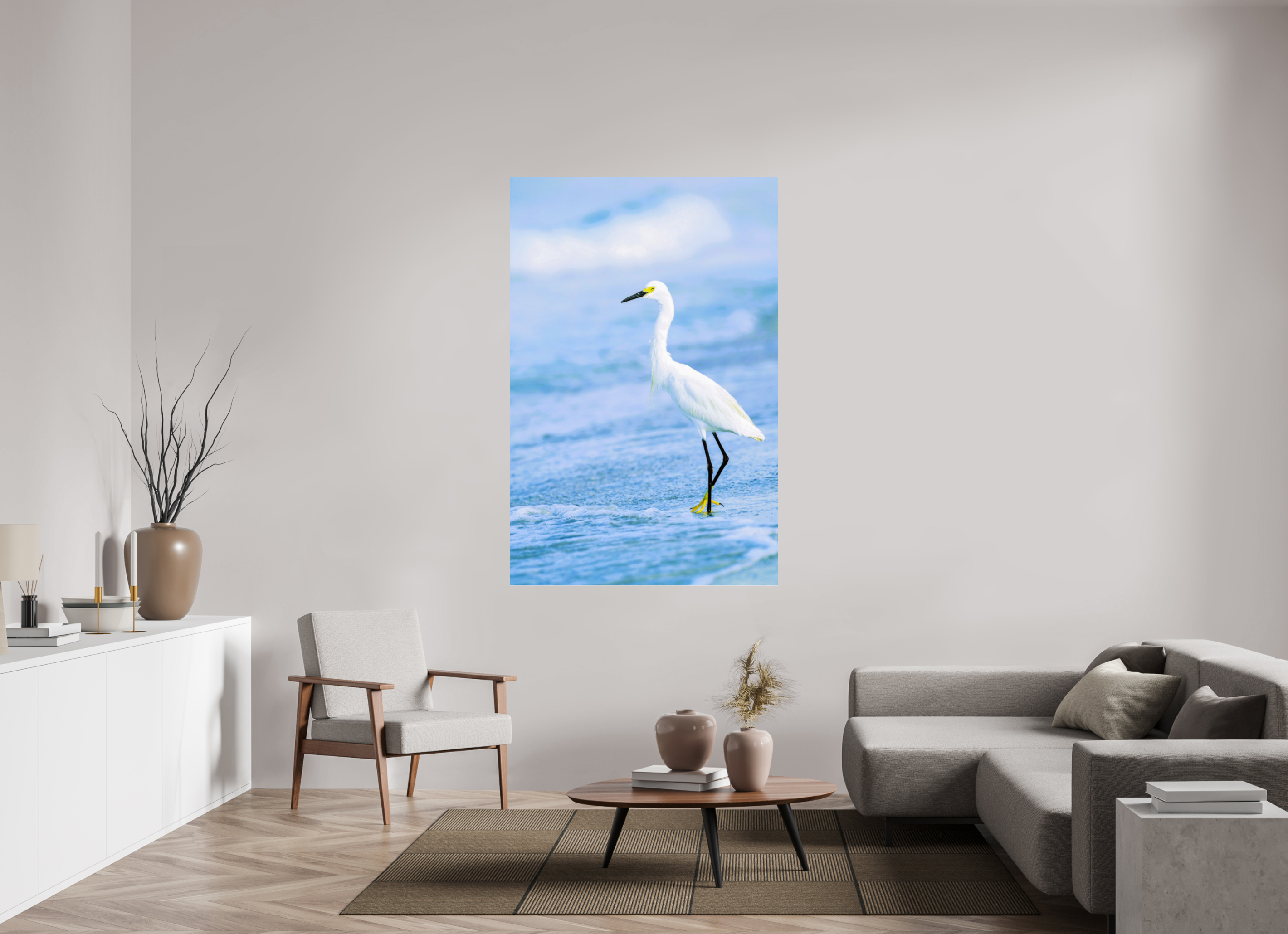 43 x 65.6″, Metallic Photo Print Under Acrylic Glass Snowy Egret in Azure