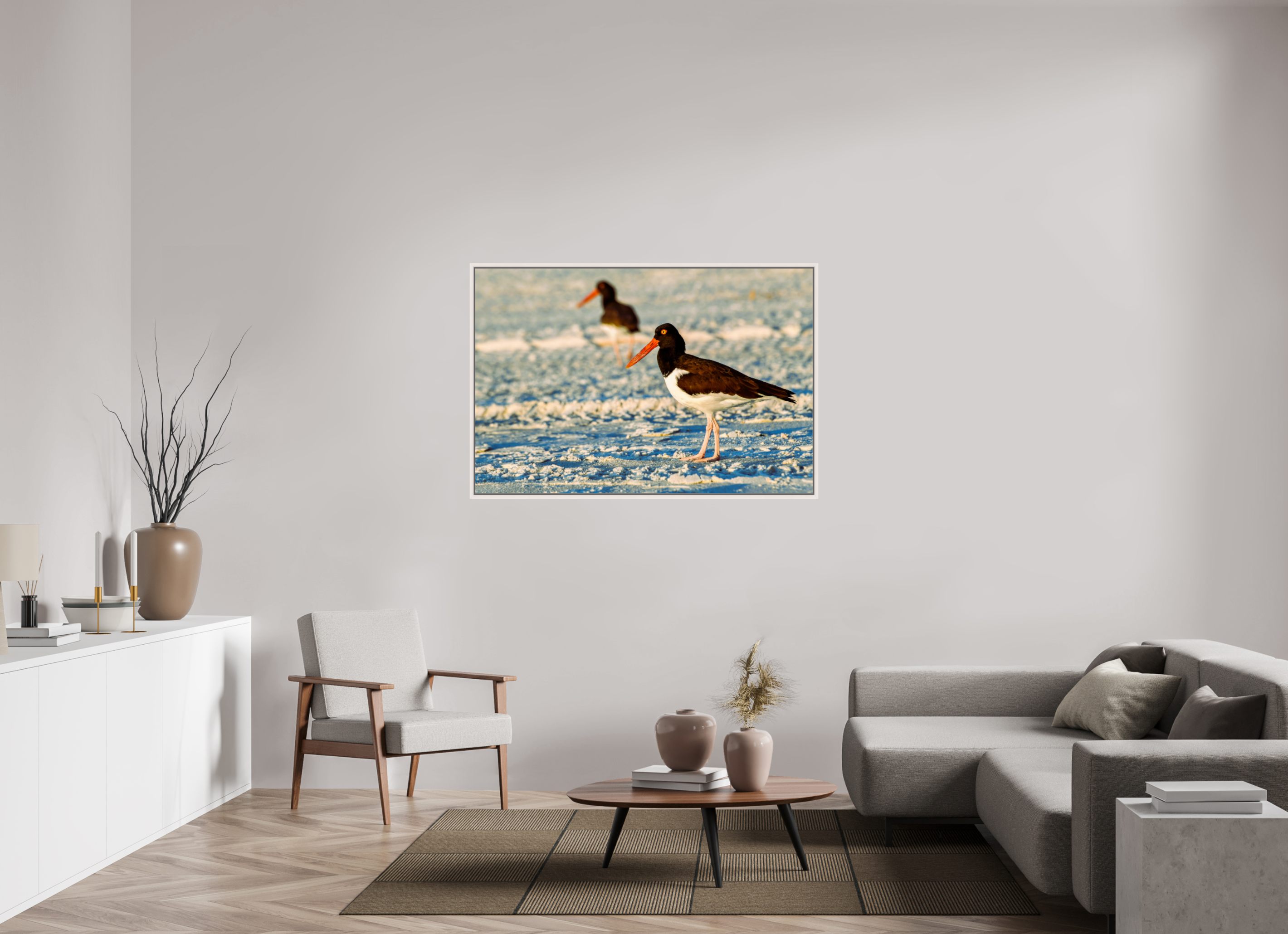 54 x 36″, Floater Frame, Basel 0.6", Maple White, Glossy Acrylic Glass Oystercatcher Stroll