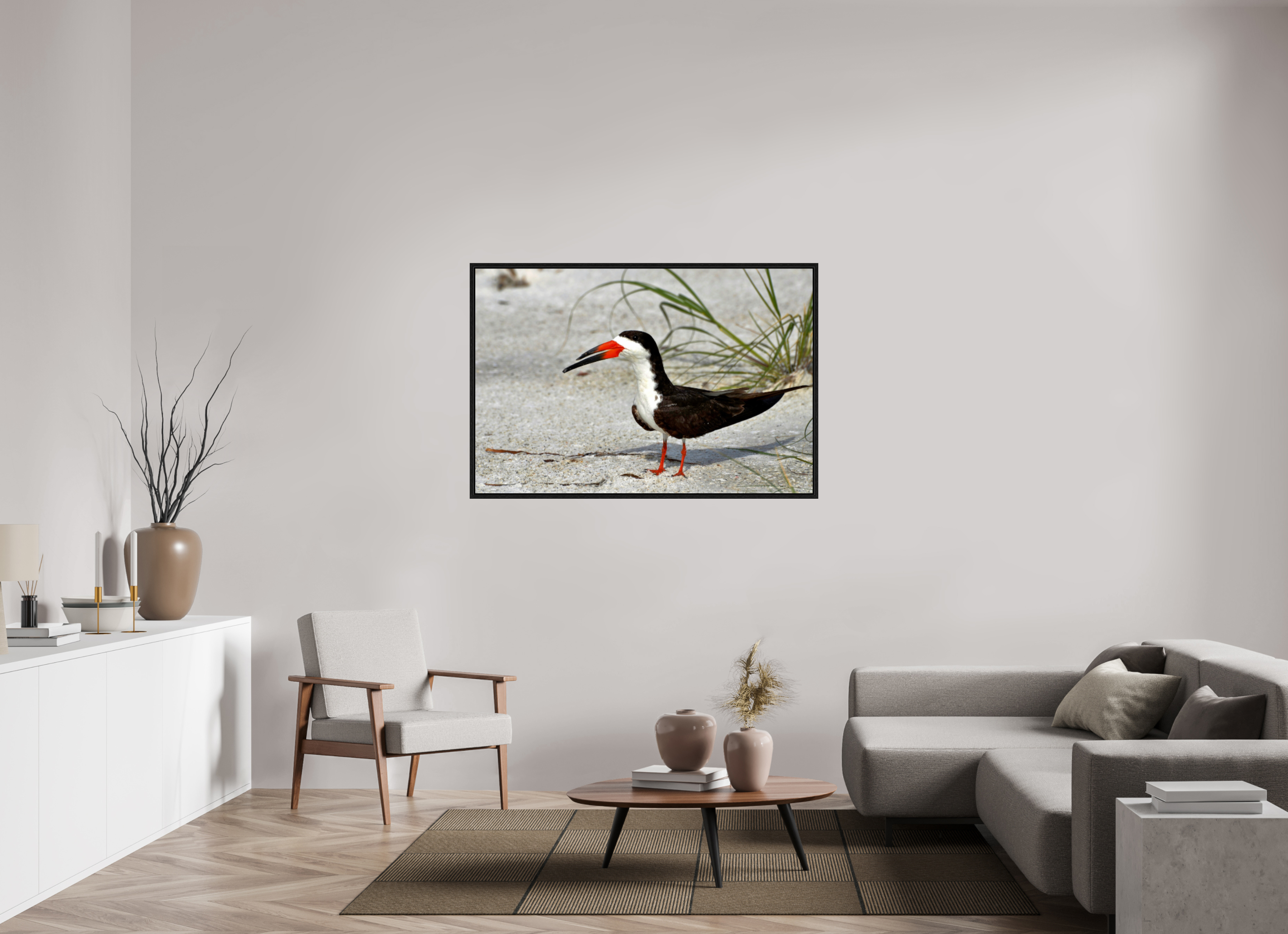 54 x 36″, Floater Frame, Basel 0.6", Black Oak, Glossy Acrylic Glass Sand & Black Skimmer