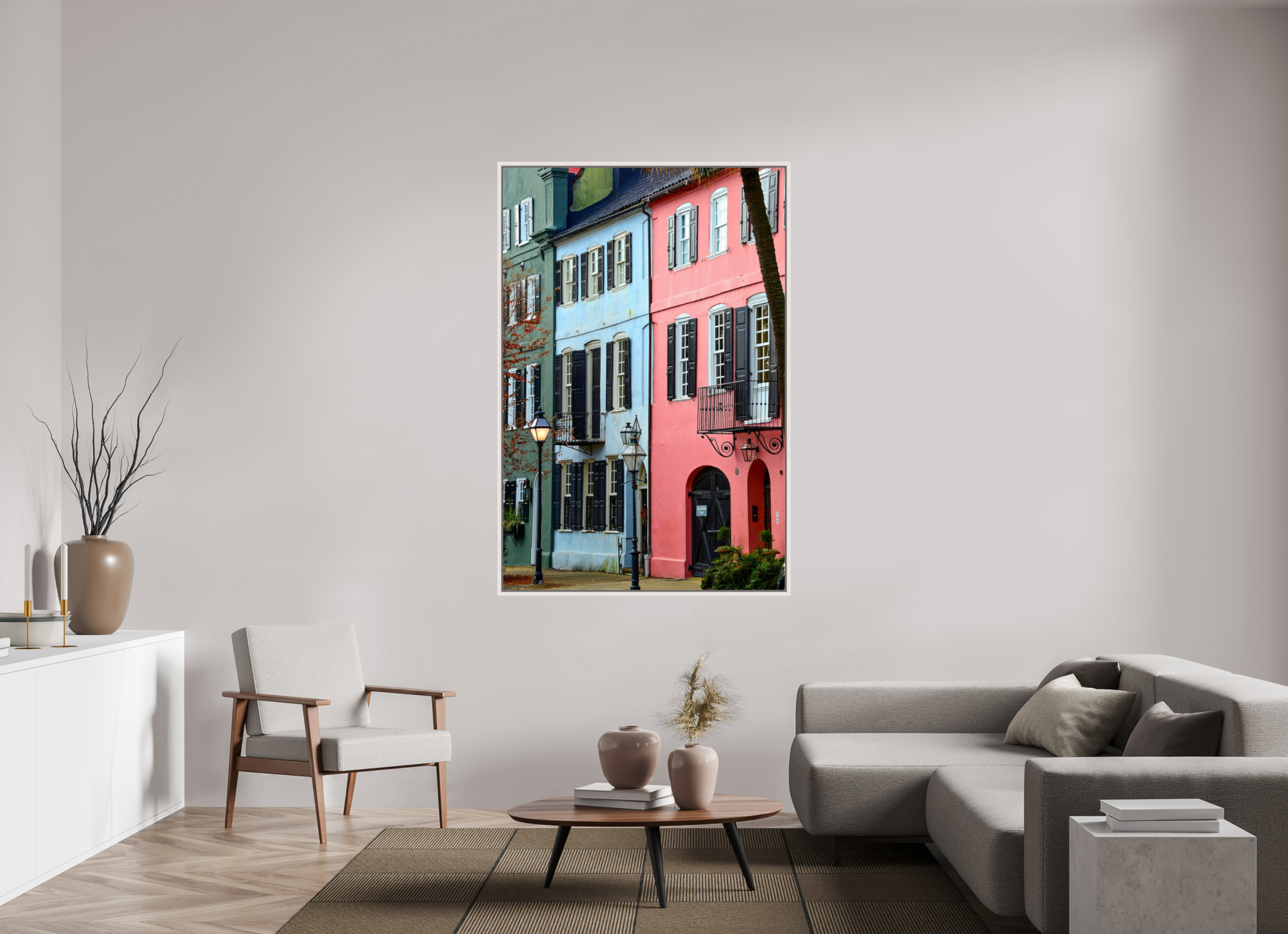 44 x 66″, Floater Frame, Basel 0.6", Maple White, Glossy Acrylic Glass Rainbow Row