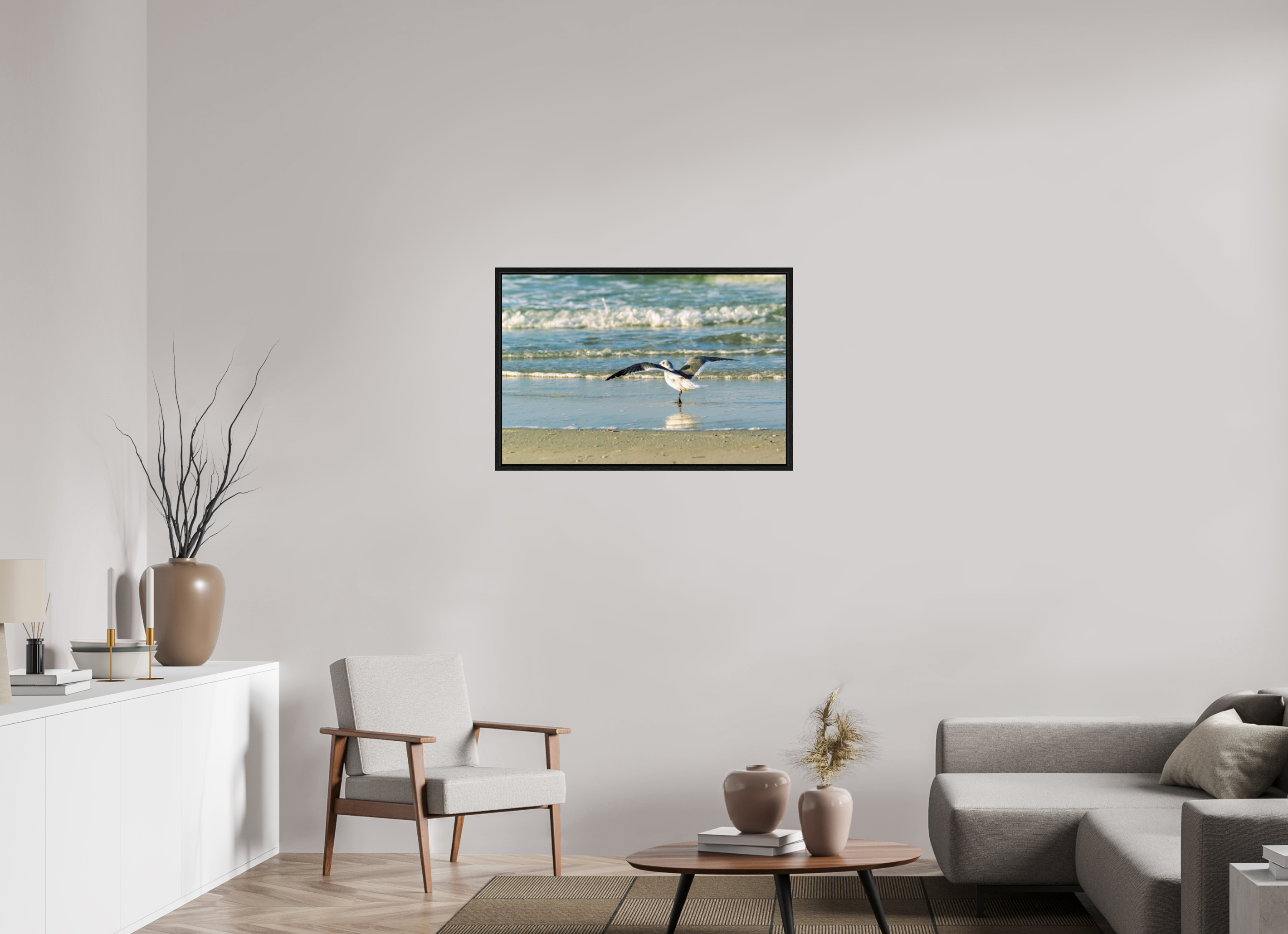 36 x 24″, Floater Frame Laughing Gull in Motion