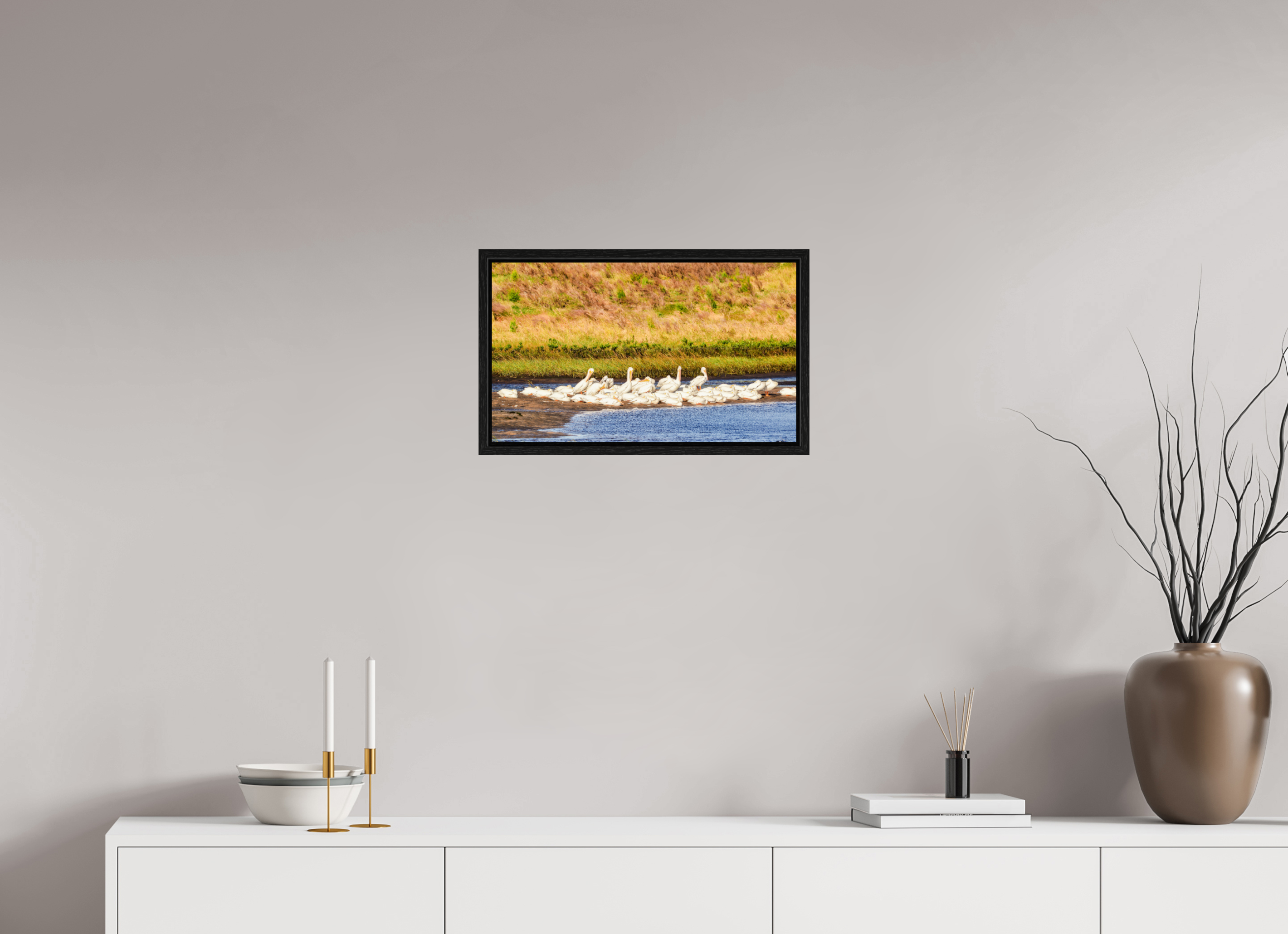 20.4 x 12″, Floater Frame White Pelicans Golden Hour Gathering