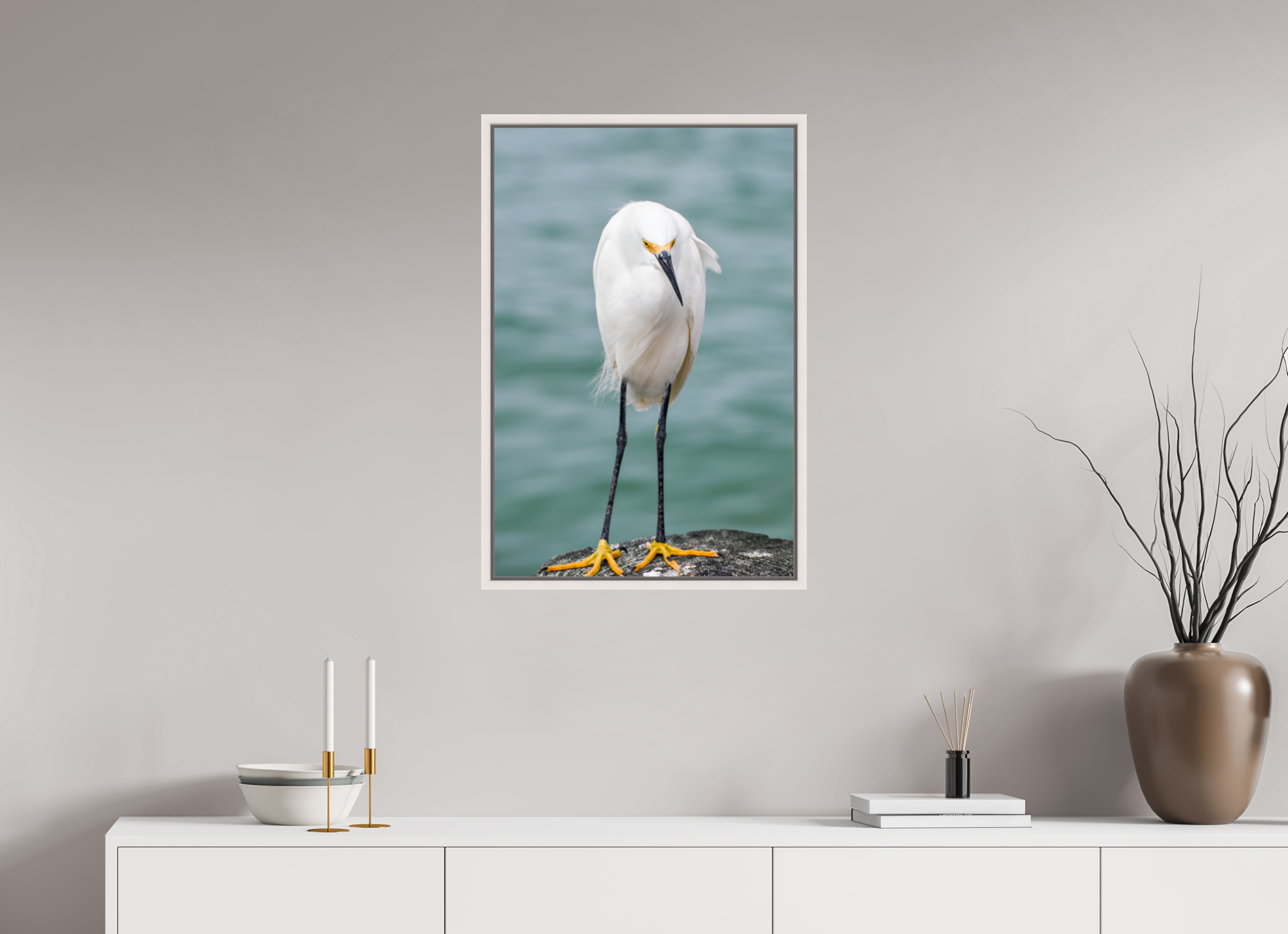 20 x 30″, Floater Frame, Basel 0.6", Maple White, Glossy Acrylic Glass The Patient Hunter