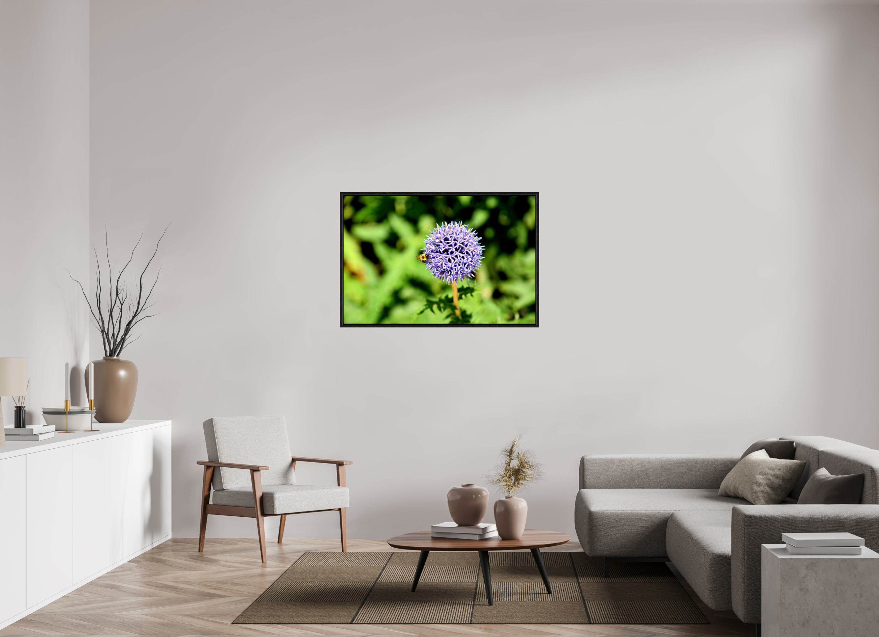 45 x 30″, Floater Frame, Basel 0.6", Black Oak, Glossy Acrylic Glass The Bee & The Globe Thistle (Echinops)