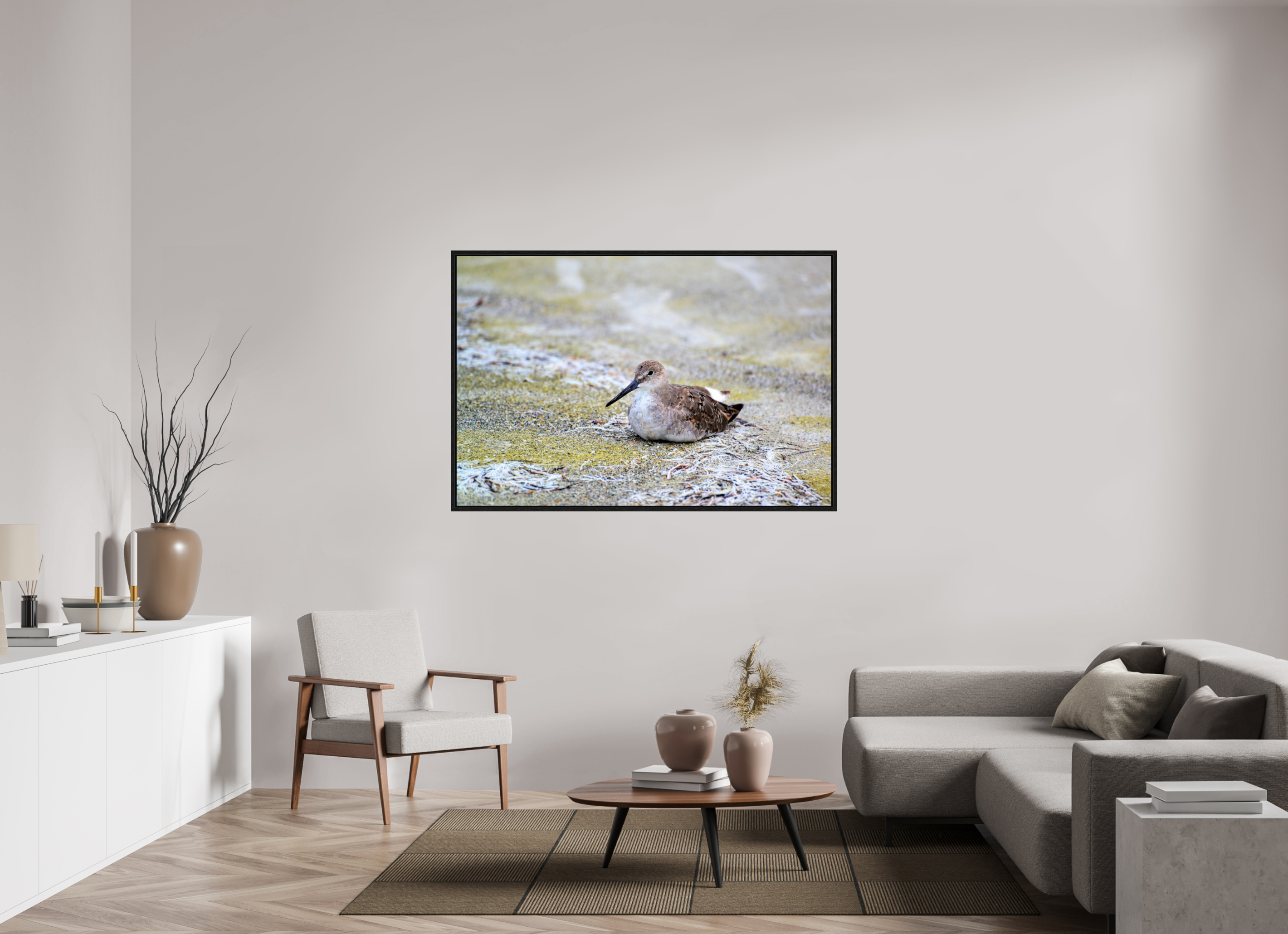 60 x 40″, Floater Frame, Basel 0.6", Black Oak, Glossy Acrylic Glass The Resting Willet
