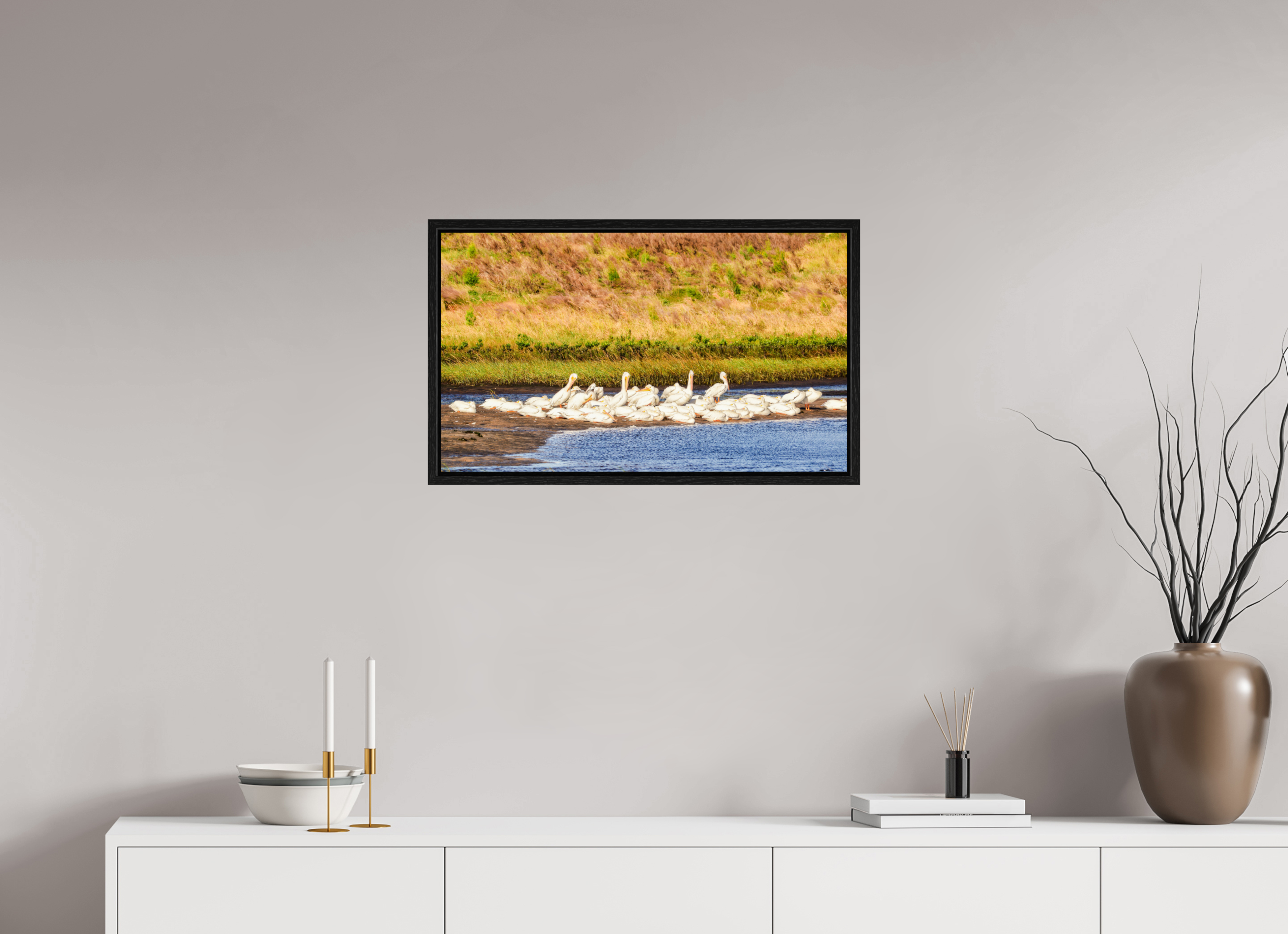 27.1 x 16″, Floater Frame White Pelicans Golden Hour Gathering