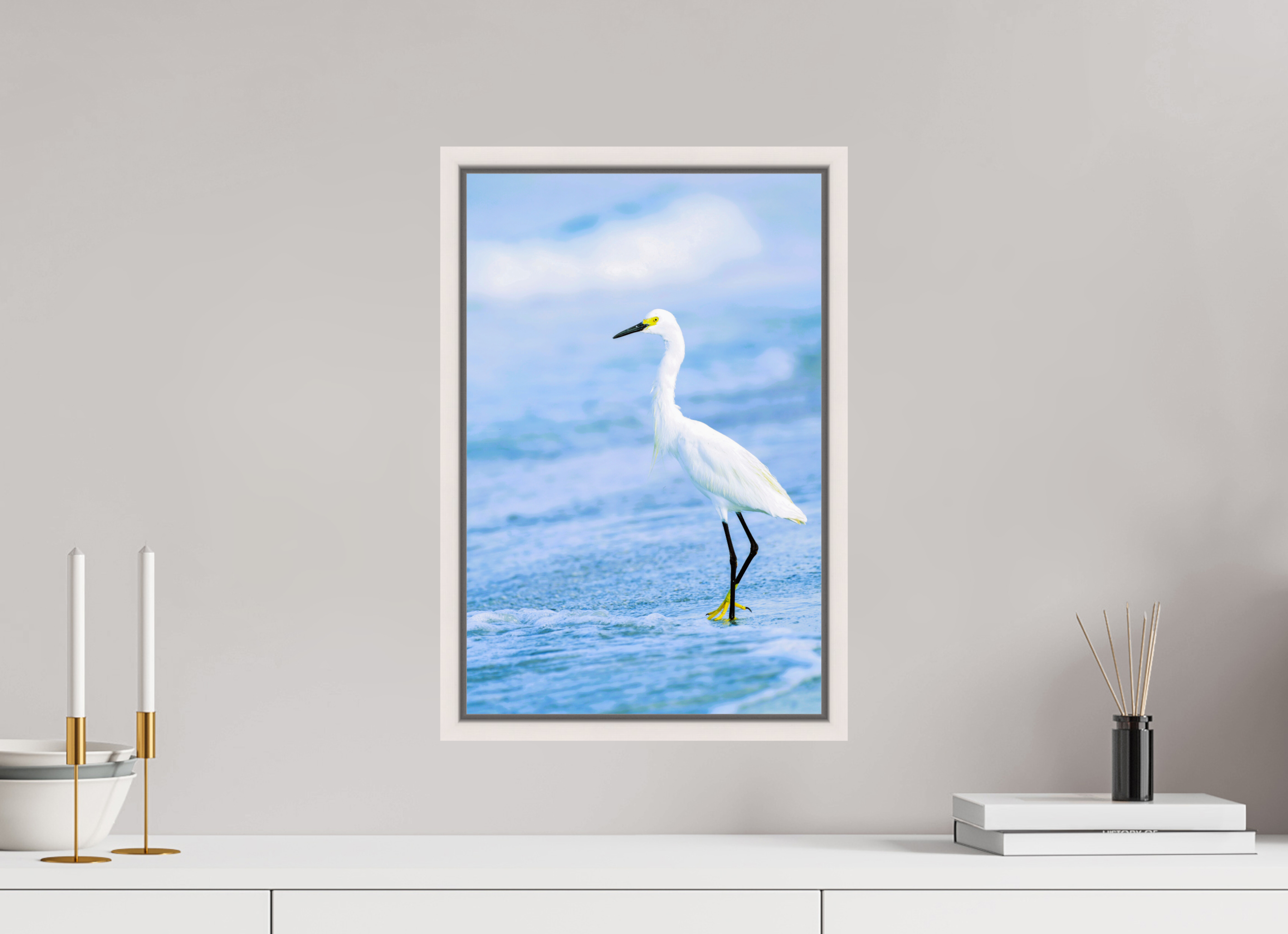12 x 18.3″, Floater Frame, Basel 0.6", Maple White, Glossy Acrylic Glass Snowy Egret in Azure