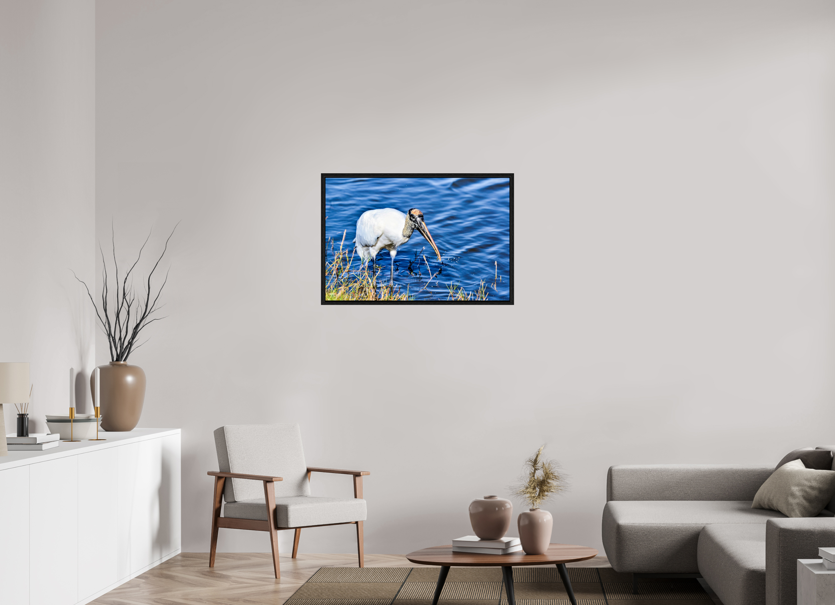 36 x 24″, Floater Frame, Basel 0.6", Black Oak, Glossy Acrylic Glass The Morning Catch: Wood Stork in Action