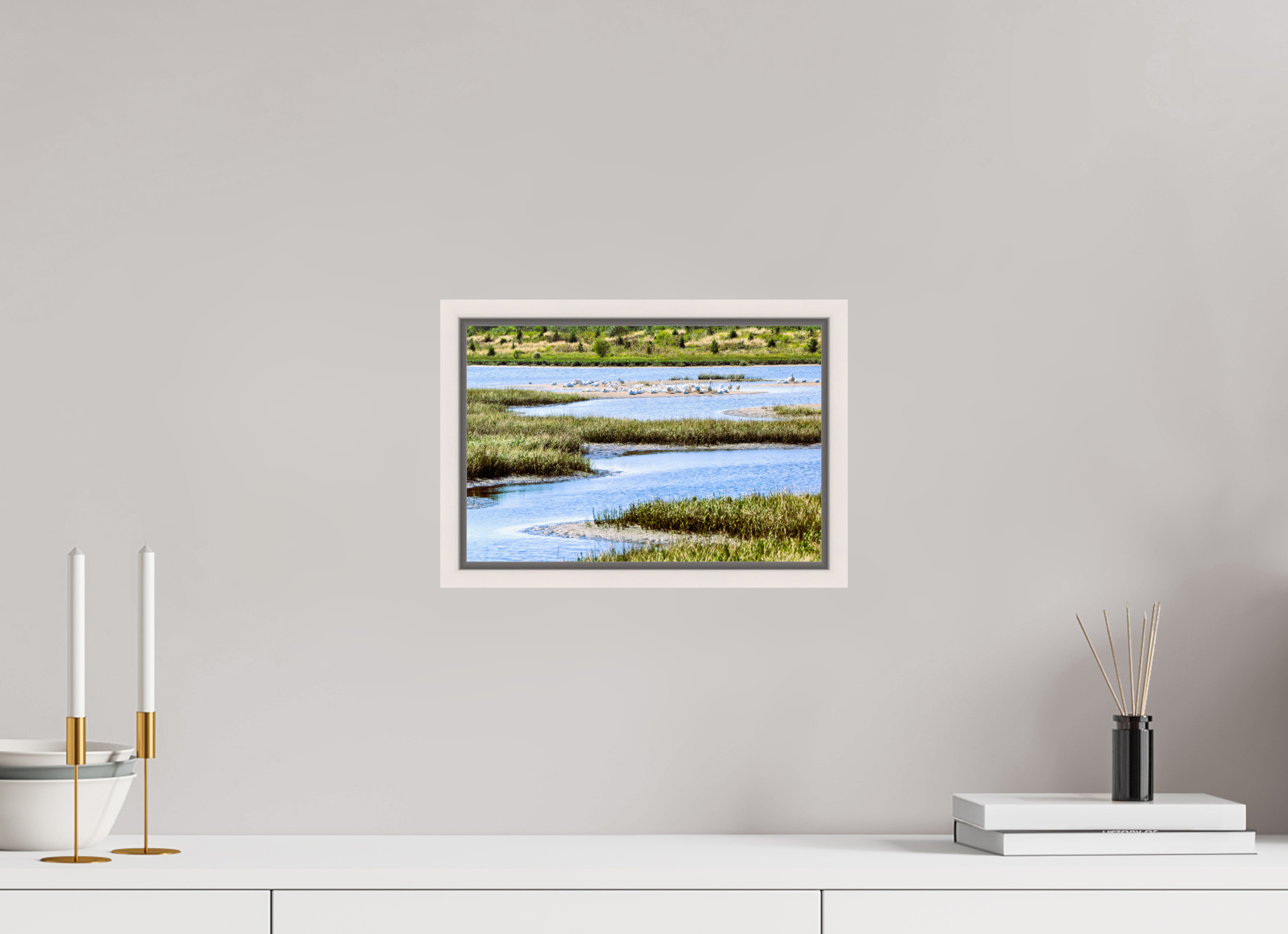 12 x 8″, Floater Frame, Basel 0.6", Maple White, Glossy Acrylic Glass Marshland Sanctuary