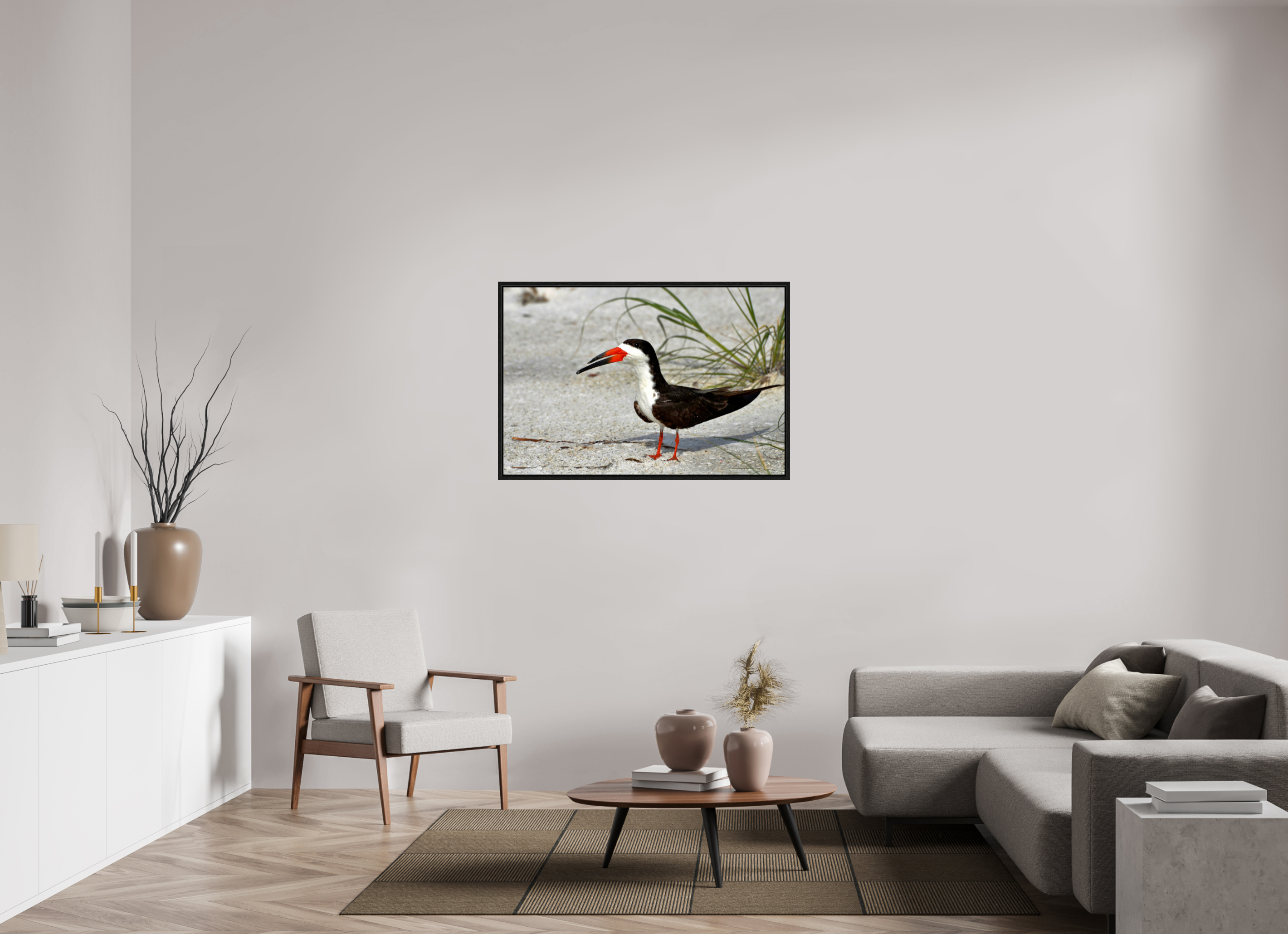 45 x 30″, Floater Frame, Basel 0.6", Black Oak, Glossy Acrylic Glass Sand & Black Skimmer