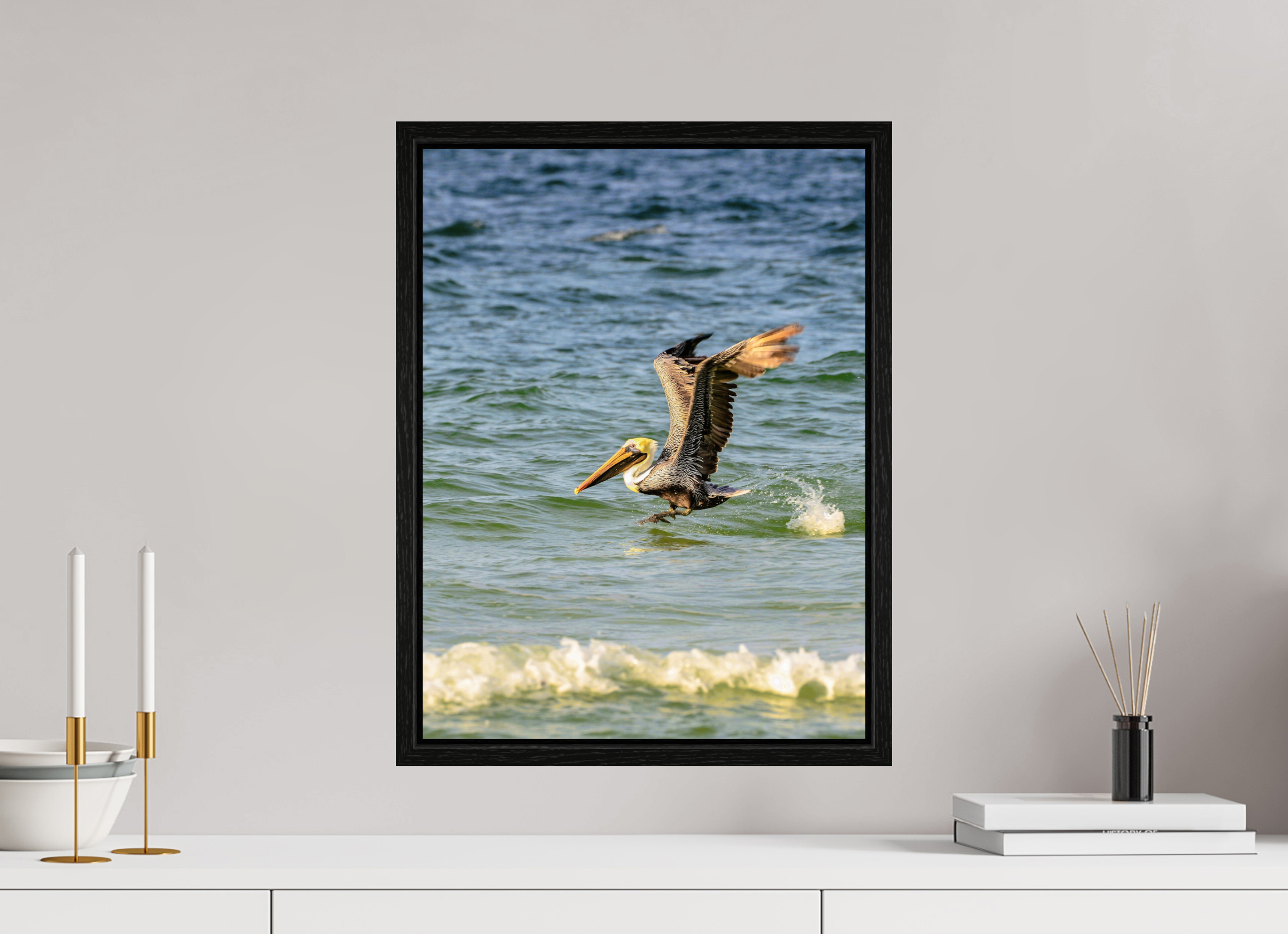 15 x 20″, Floater Frame Pelican in Flight