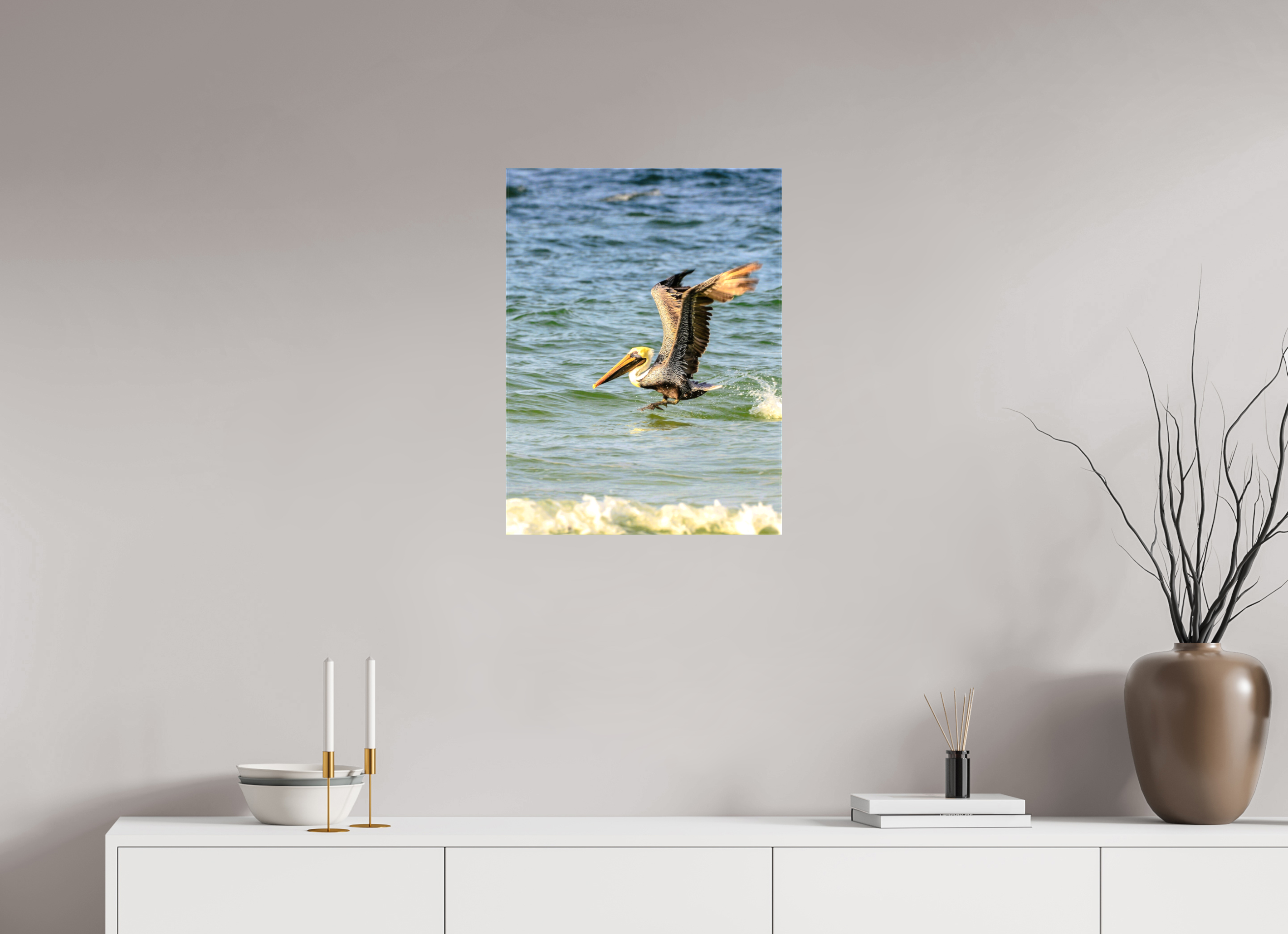 18 x 24″, Glossy Canvas on Stretcher Frame, 1,57" Wrapped Pelican in Flight