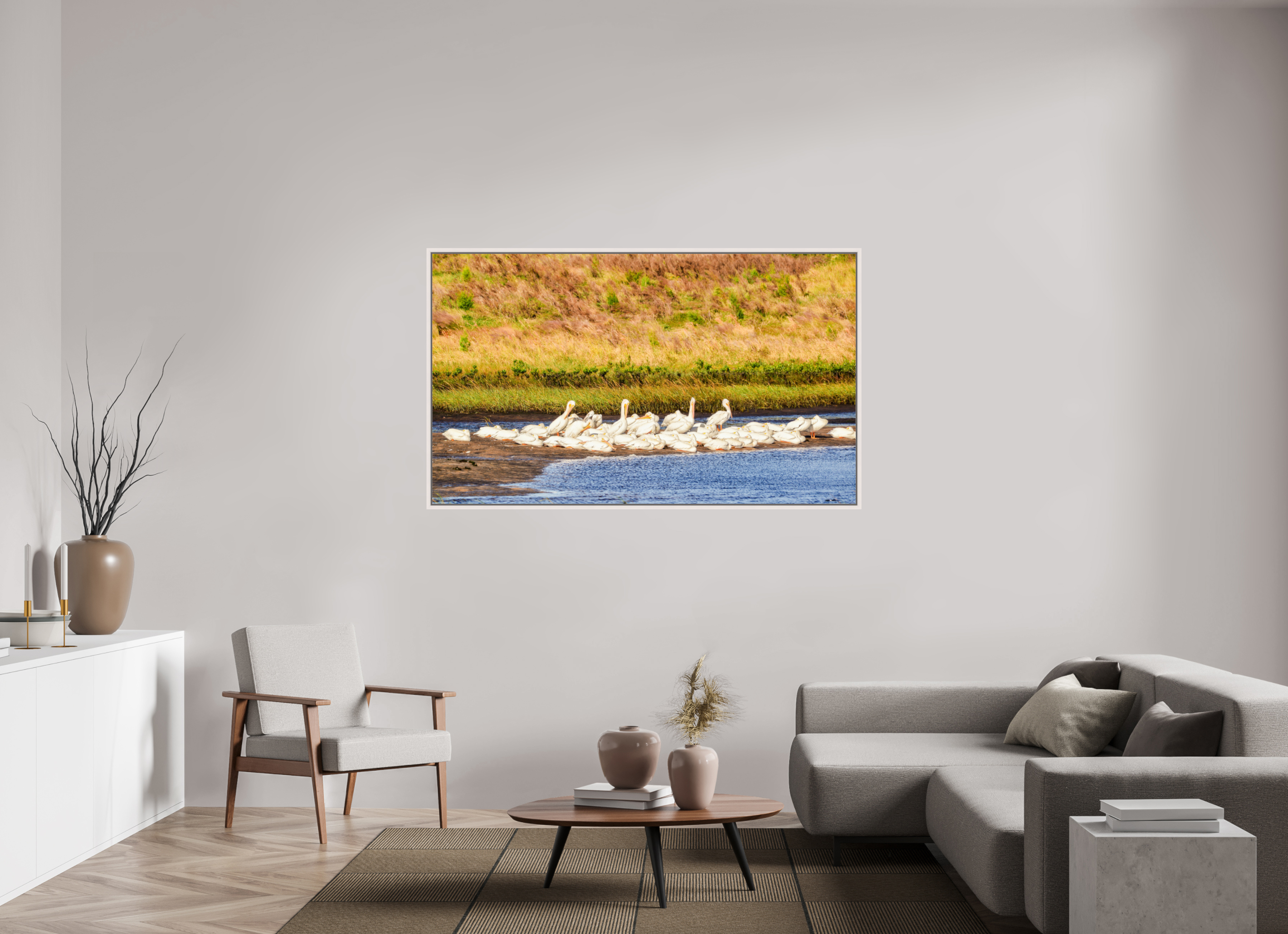 66.1 x 39″, Floater Frame, Basel 0.6", Maple White, Glossy Acrylic Glass White Pelicans Golden Hour Gathering