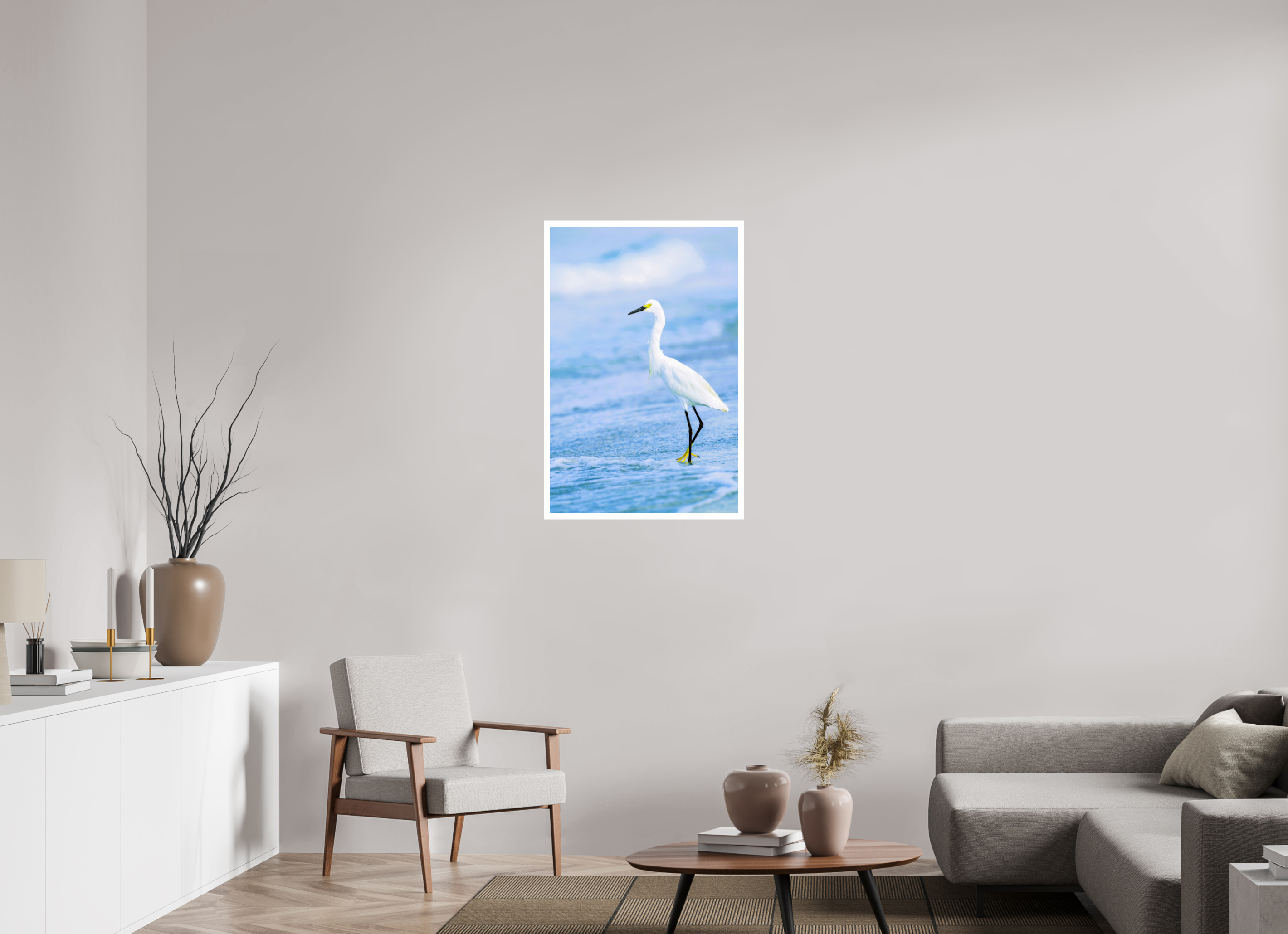 24 x 36.6″, Hahnemühle FineArt Pearl Print, .79" white border Snowy Egret in Azure