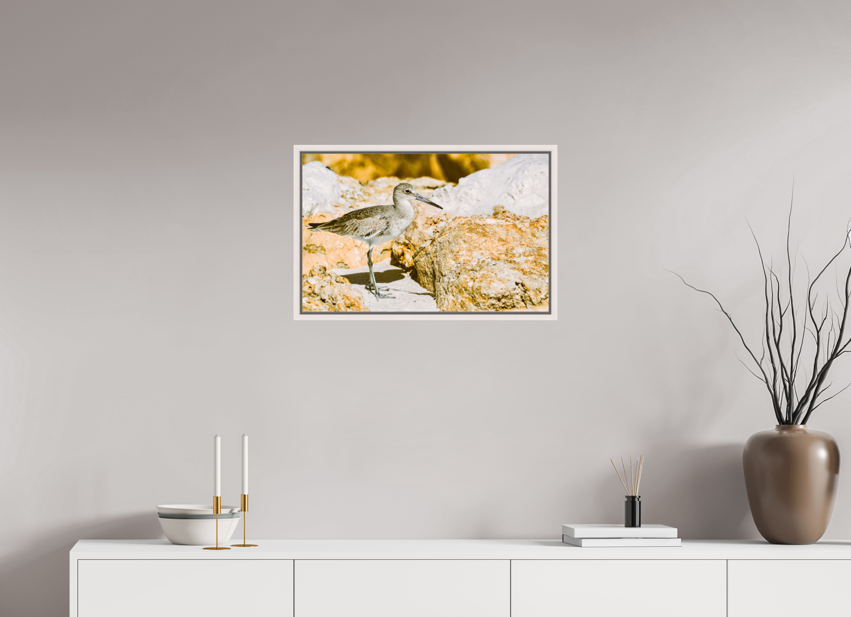 24.9 x 16″, Floater Frame, Basel 0.6", Maple White, Glossy Acrylic Glass The Sunny Willet
