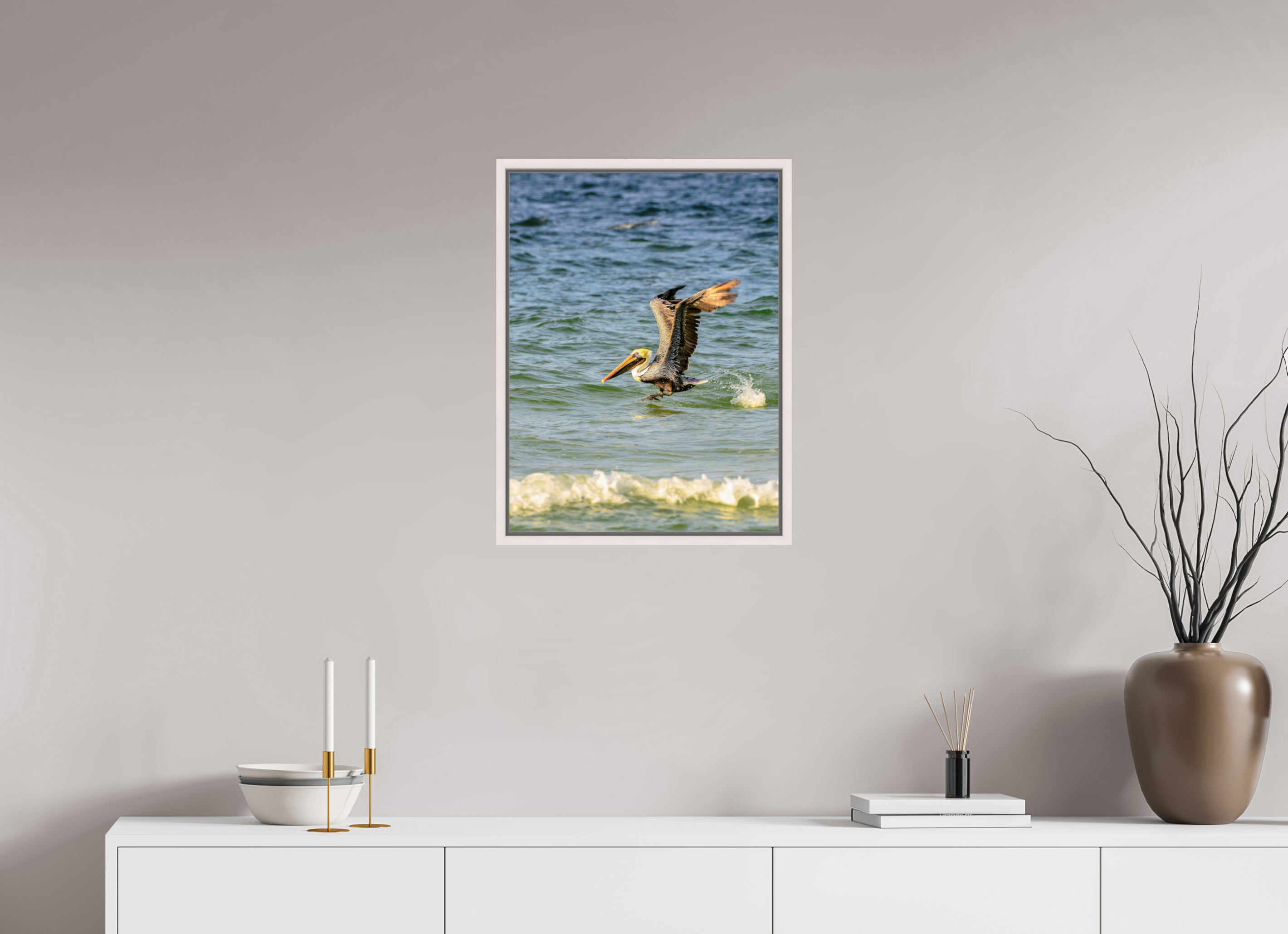 18 x 24″, Floater Frame, Basel 0.6", Maple White, Glossy Acrylic Glass Pelican in Flight