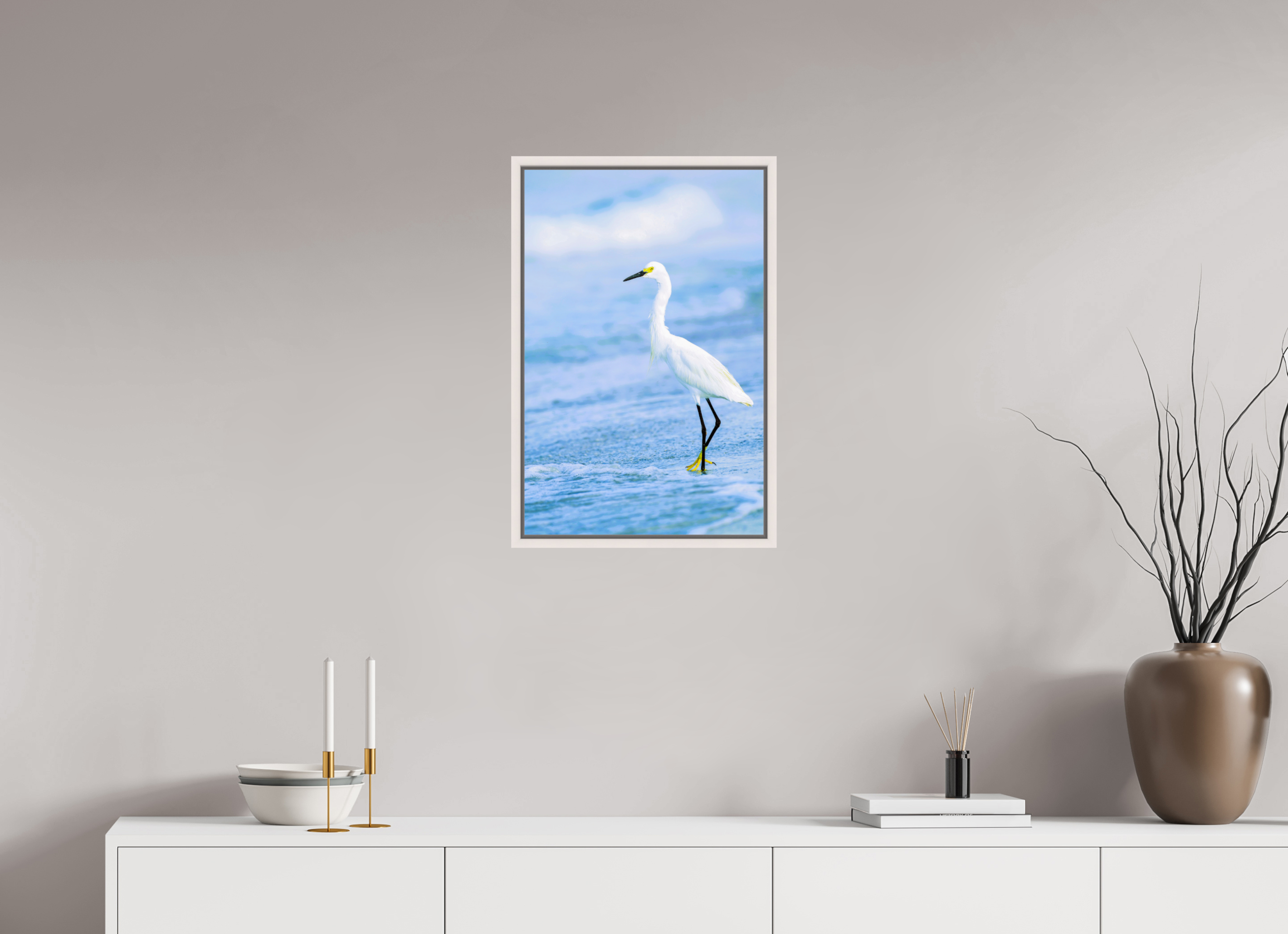 16 x 24.4″, Floater Frame, Basel 0.6", Maple White, Glossy Acrylic Glass Snowy Egret in Azure