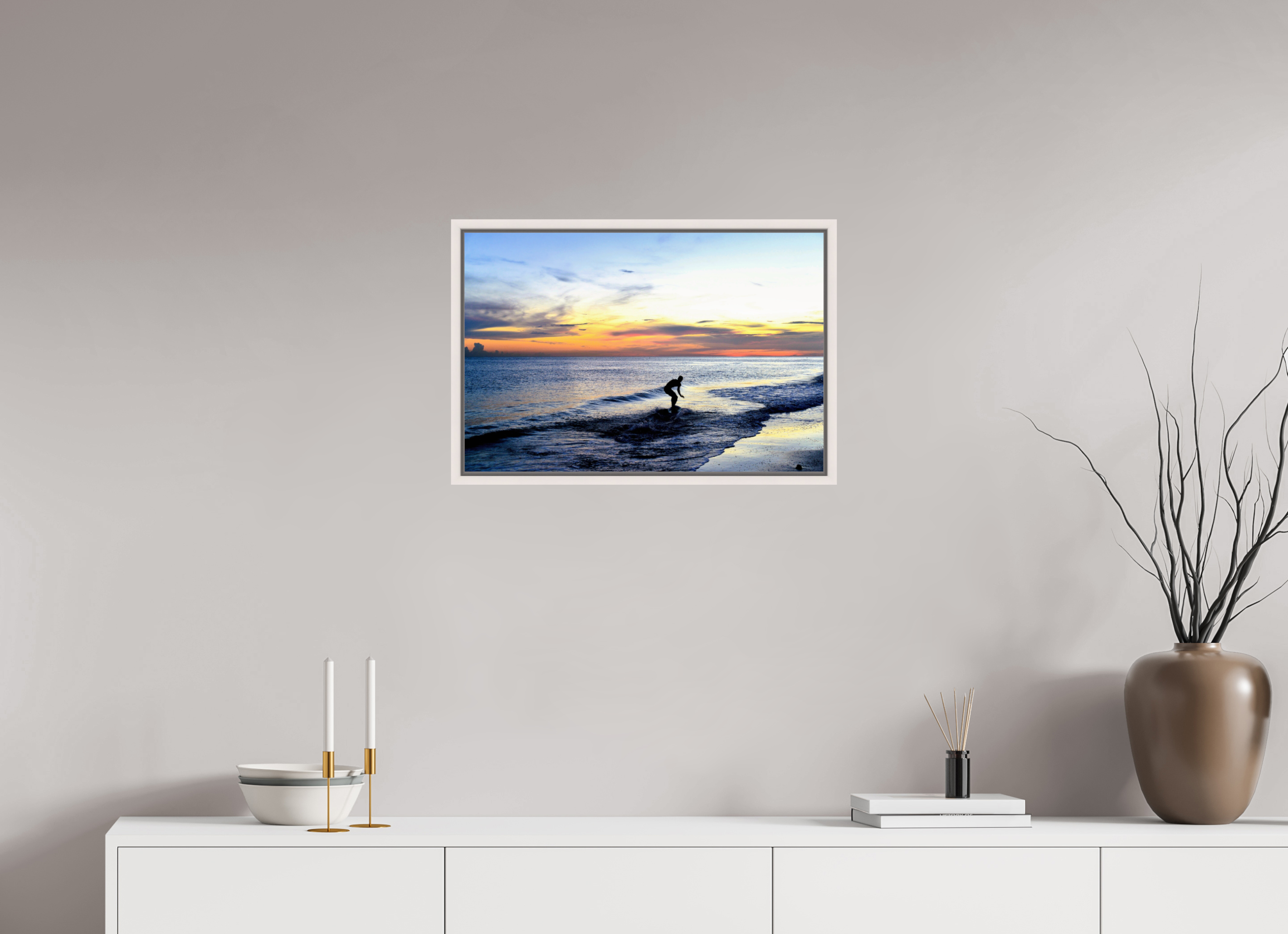 24 x 16″, Floater Frame, Basel 0.6", Maple White, Glossy Acrylic Glass Chasing the Last Light