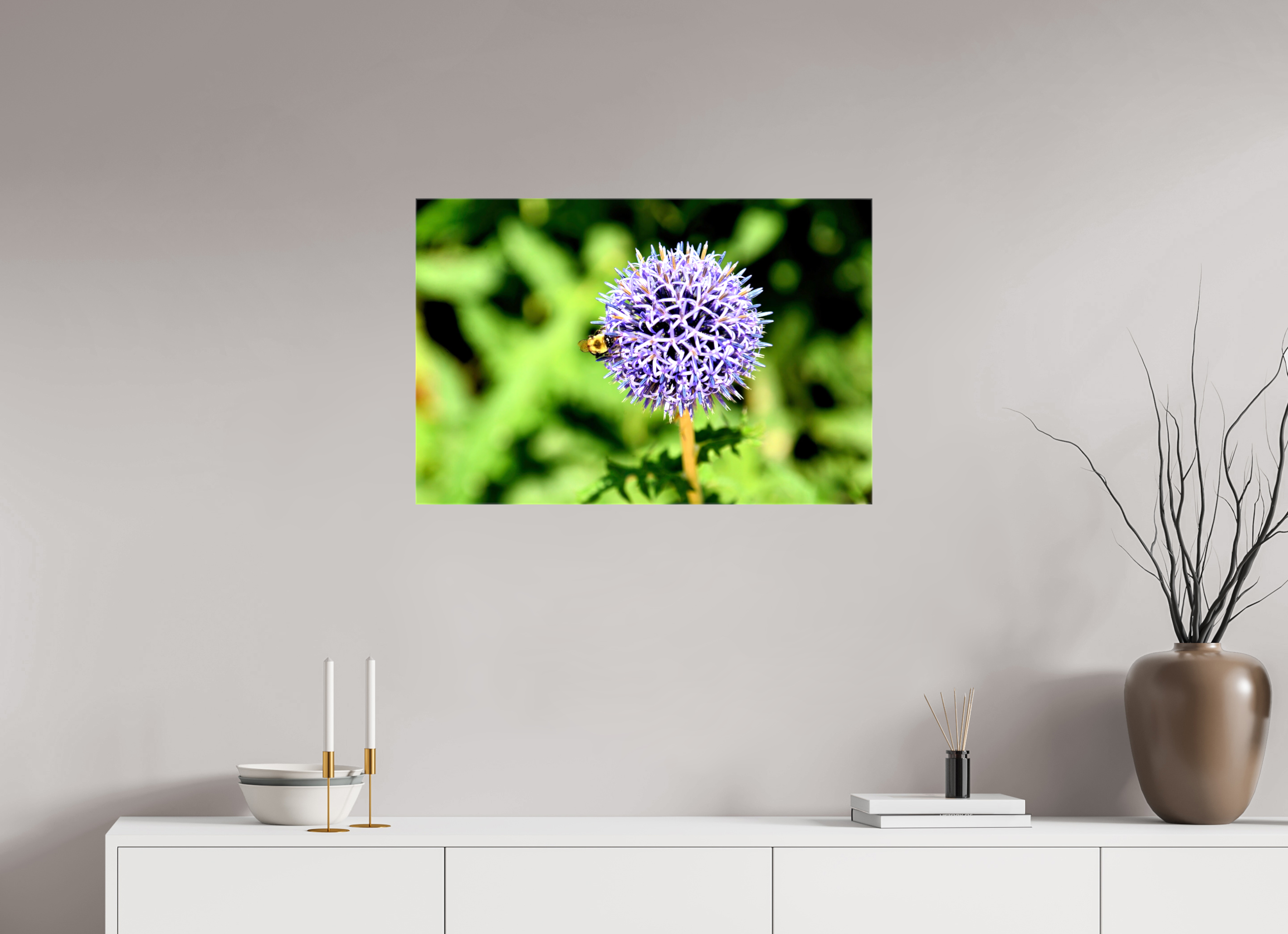 30 x 20″, Glossy Canvas on Stretcher Frame, 1,57" Wrapped The Bee & The Globe Thistle (Echinops)