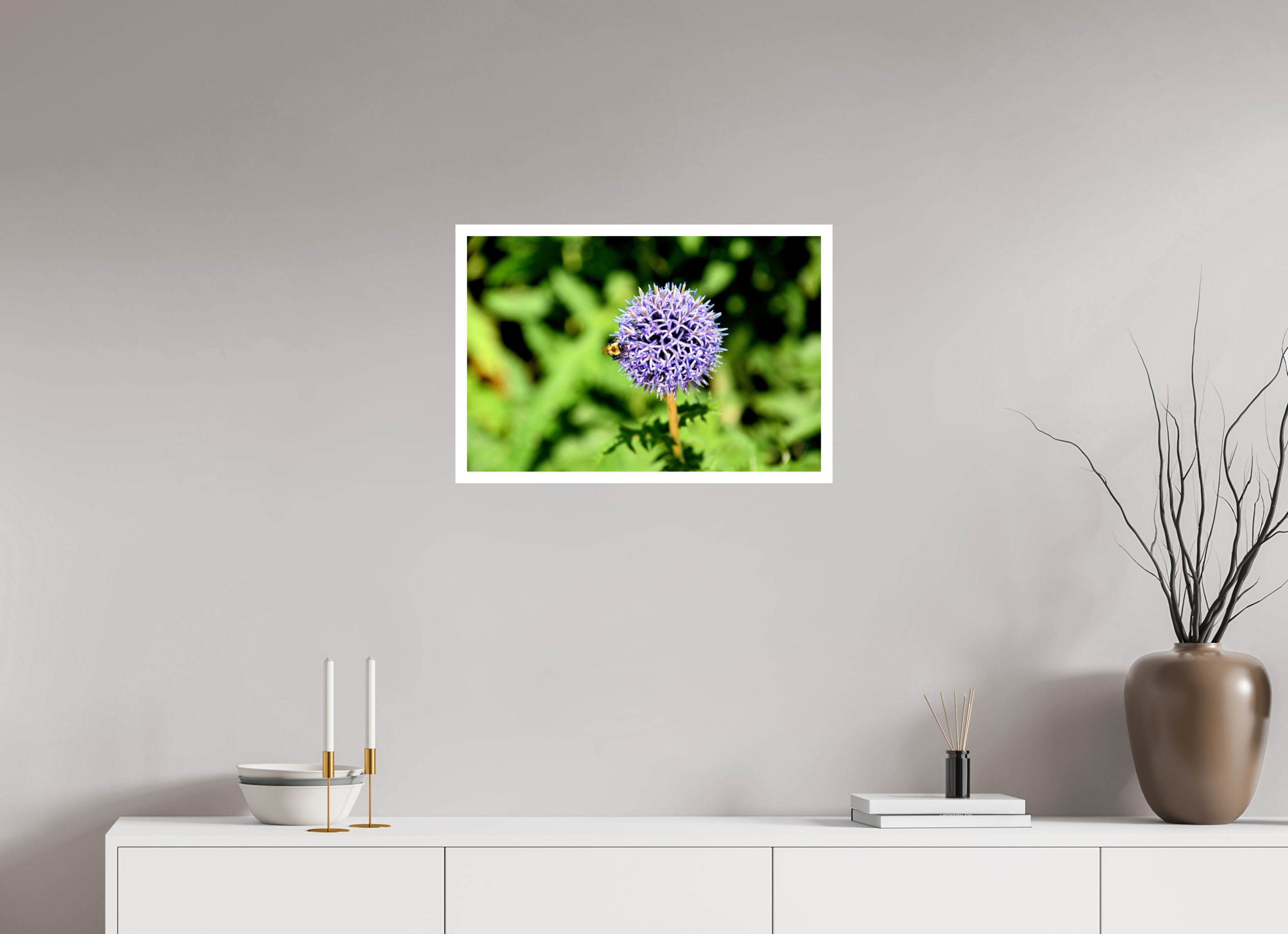 24 x 16″, Hahnemühle FineArt Pearl Print, .79" white border The Bee & The Globe Thistle (Echinops)