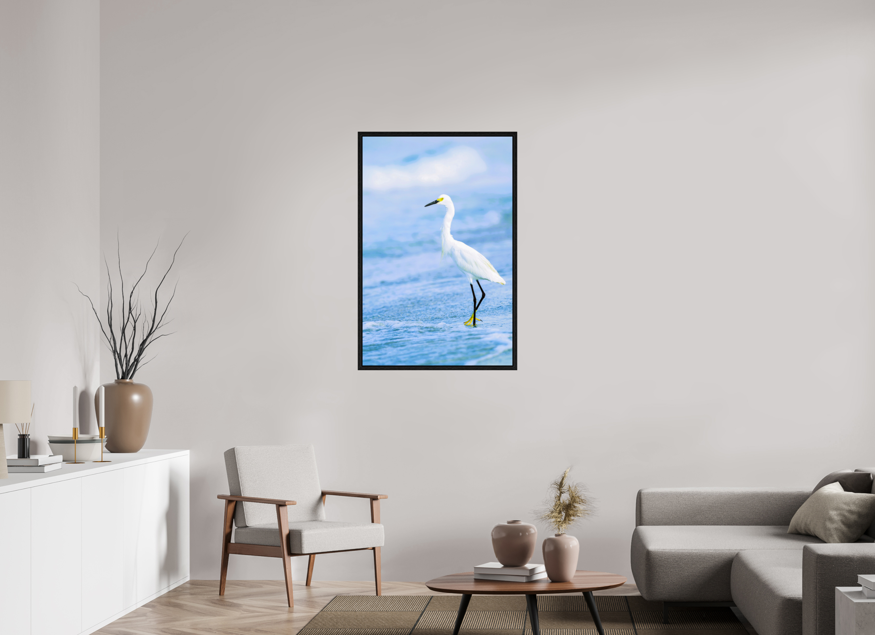 28 x 42.7″, Floater Frame, Basel 0.6", Black Oak, Glossy Acrylic Glass Snowy Egret in Azure