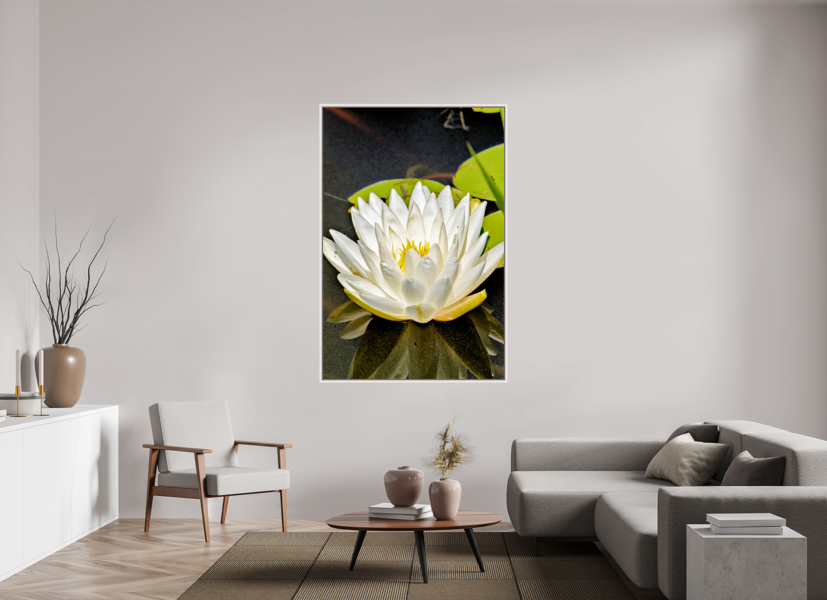 44 x 66″, Floater Frame, Basel 0.6", Maple White, Glossy Acrylic Glass The White Water Lily